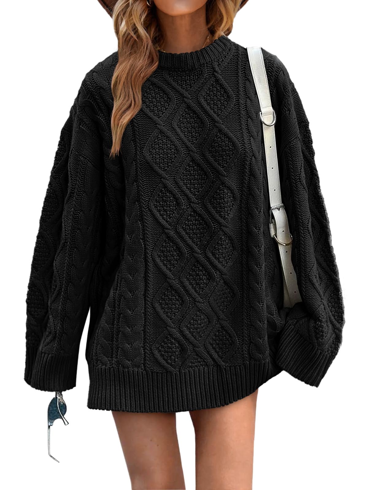 Saodimallsu Womens Oversized Sweaters Cable Knit Chunky Crew Neck Long Sleeve Loose Tunic Pullover Sweater