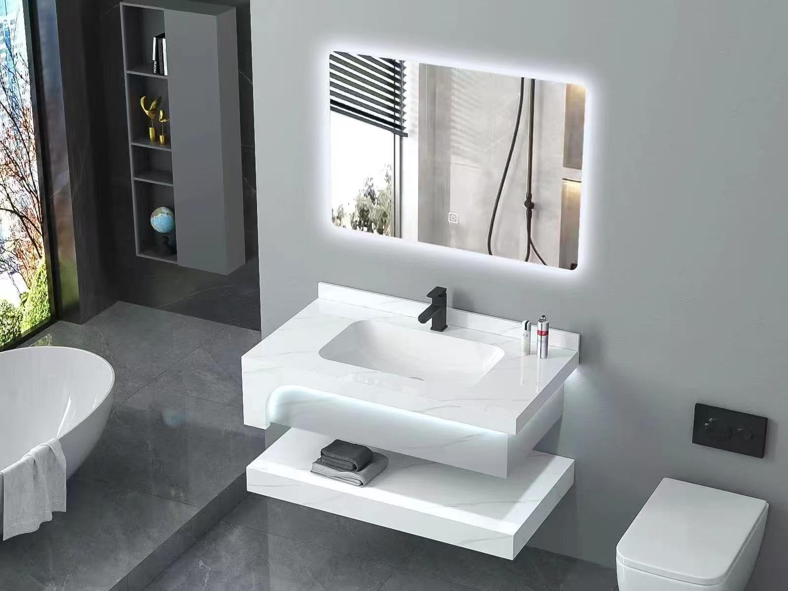 Générique Pack Meuble Simple Vasque Design LED 80cm Blanc Effet marbre en Ceramique + Miroir LED 80 cm (80CM)
