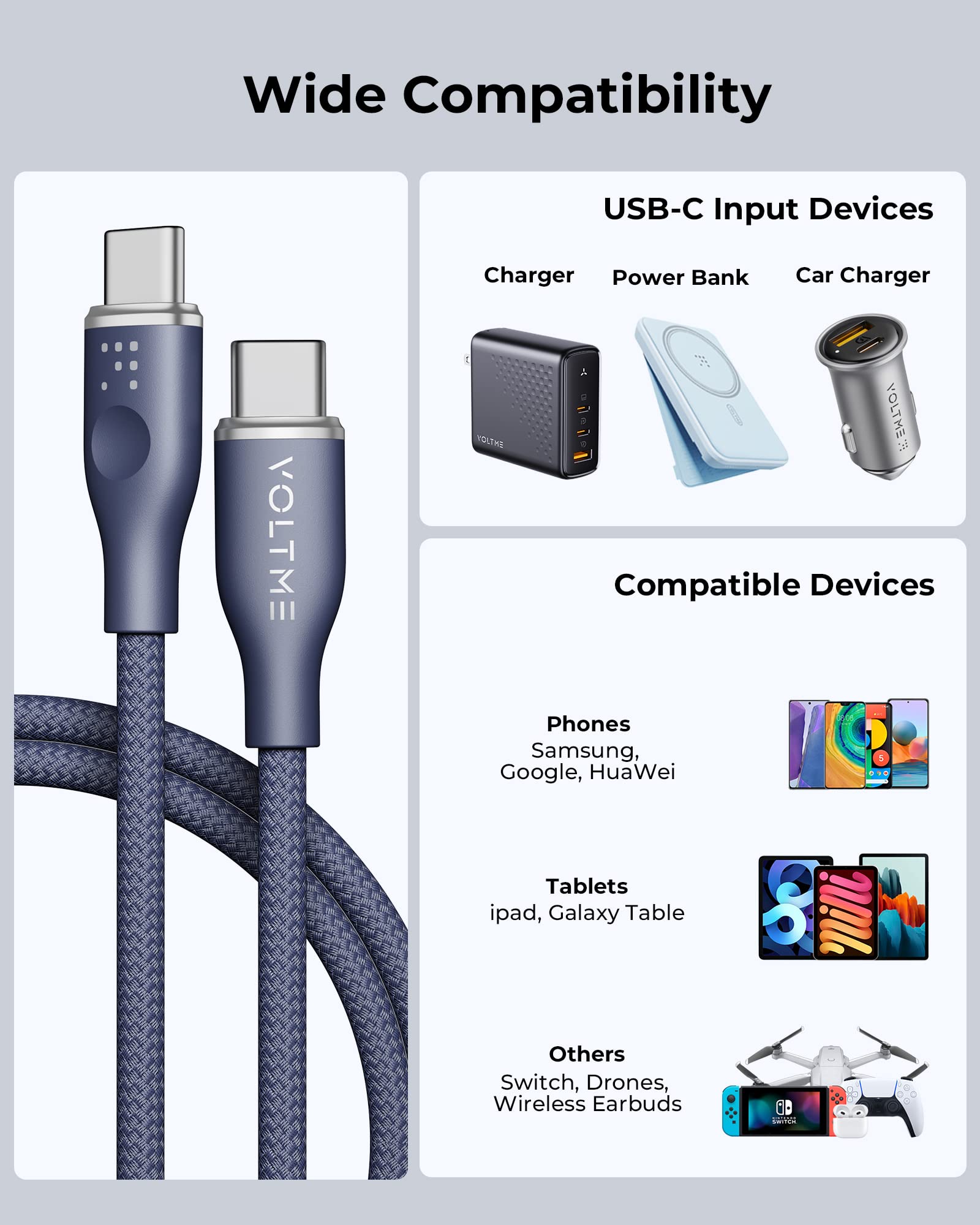VOLTME Set di 2 Cavo USB C a USB C PD 60W Nylon Intrecciato 1,80m, RUGG USB-C Tipo C Cavo Ricarica Compatibile con MacBook, MateBook, Pixel 7/6 Pro/5/4XL, iPad Pro, Galaxy S22/Plus, ecc... (blu)