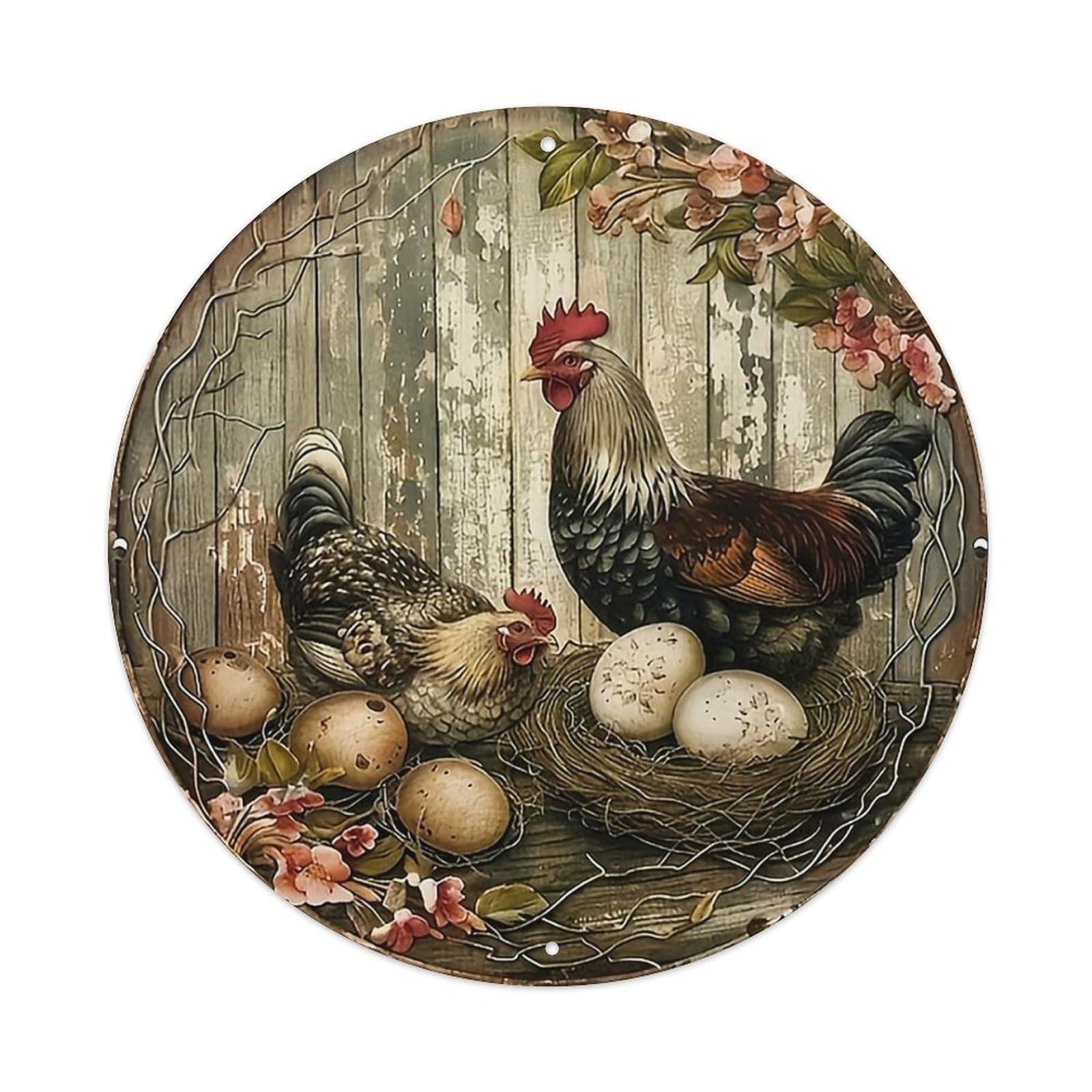 Chicken Rooster Eggs Nest Flowers Retro Metal Sign Round Tin Sign, Vintage Decor Art Poster for Bar, Home, Man Cave, Kitchen, Laundry Room Gift 8x8Inch