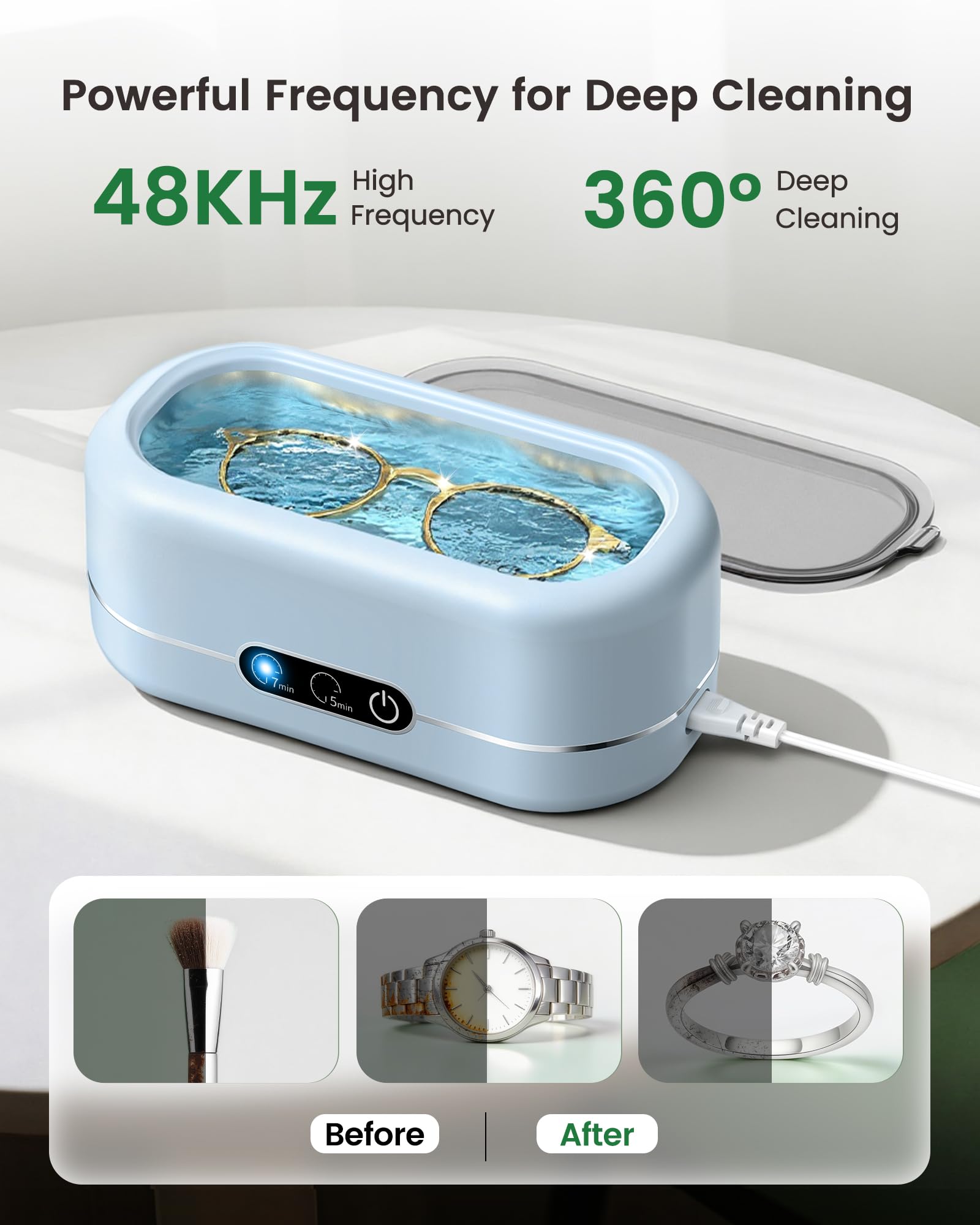 Limpiador ultrasónico de joyas, limpiador de joyas mejorado, máquina ultrasónica de 48 KHz para todas las joyas, lentes, correas de relojes, dentaduras, retenedores y más, azul claro