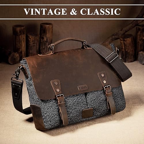 Miniatura 6 de VASCHY Bolsa de mensajero para hombre, bolso de lona de tweed de cuero vintage de 15.6 pulgadas para laptop de negocios, bolsa de hombro cruzada con