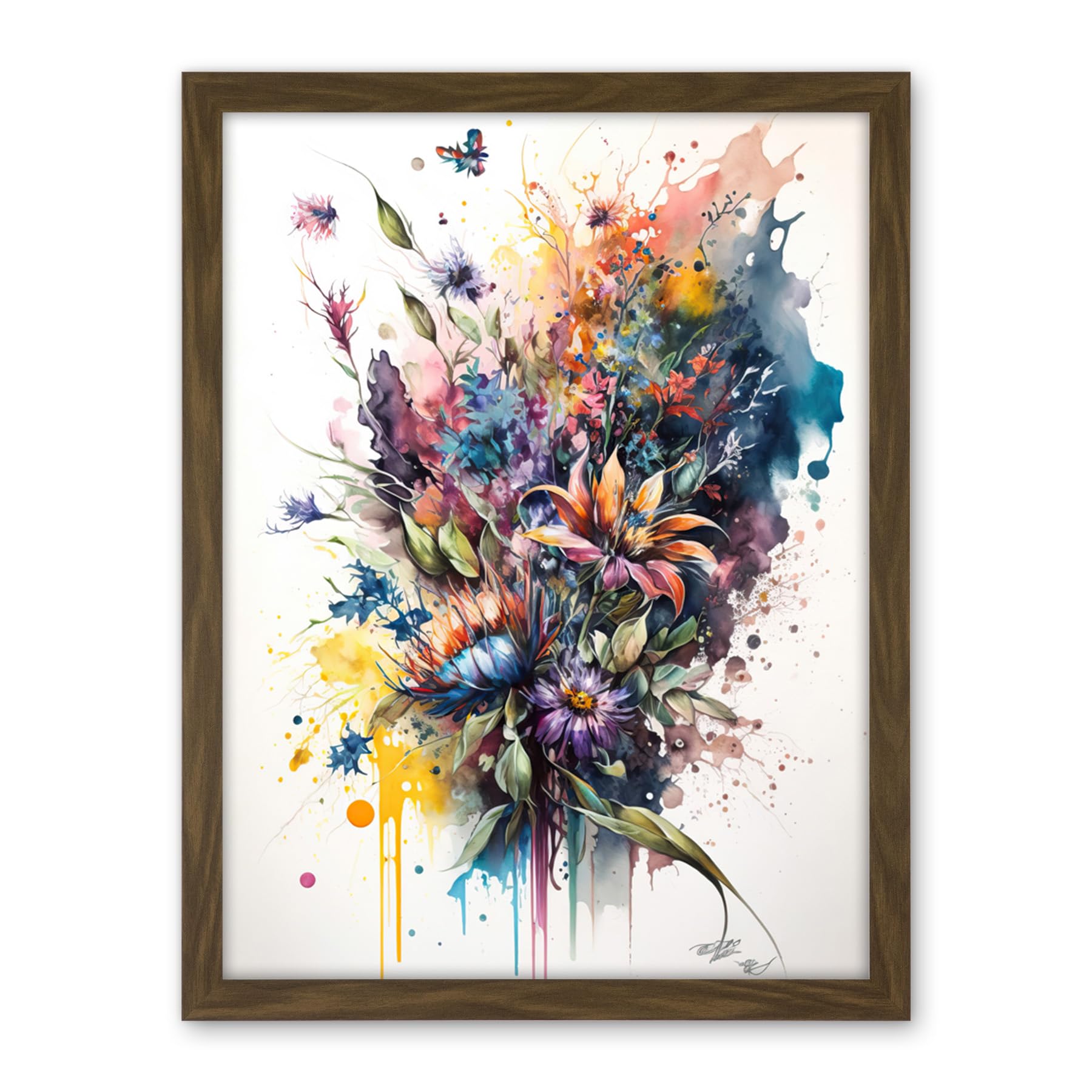Artery8 Flower Bouquet Illustration over Watercolour Splat Artwork Framed Wall Art Print 18X24 Inch