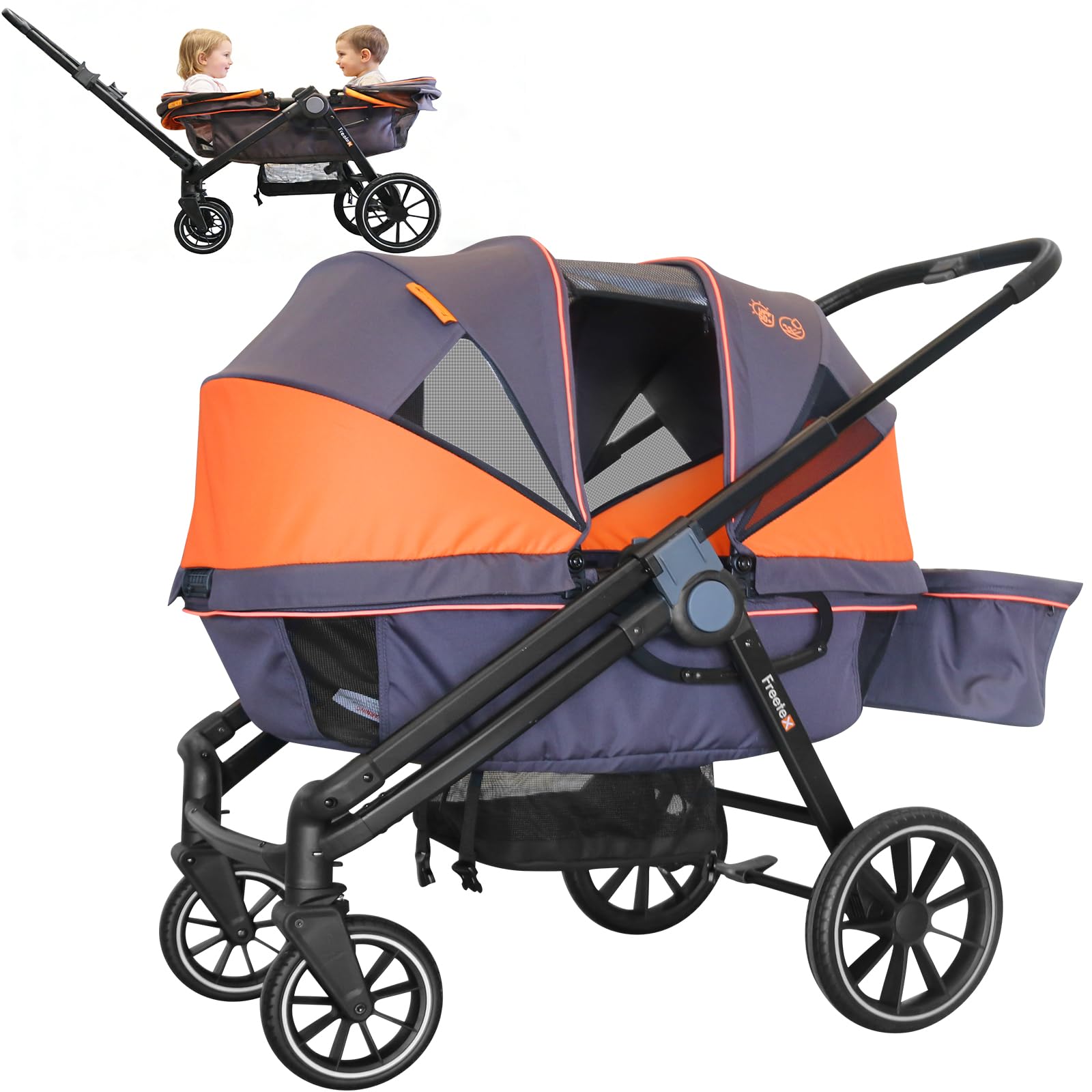 Wagon Stroller for 2 Kids, All-Terrain 2-in-1 Push & Pull Design, Removable UV-Protection Canopy, Double Seat, Large Storage, Snack Tray for Baby and