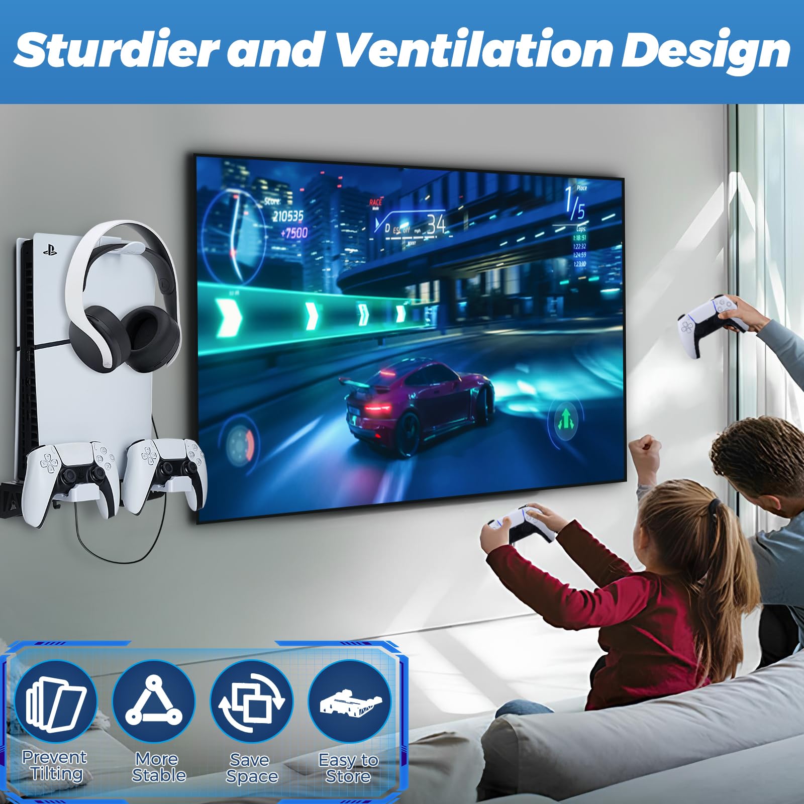 Supporto da Parete per PS5/PS5 Slim con Stazione, PS5/PS5 Slim Supporto Parete con Cavo di Ricarica Supporto per PS5 Muro per Playstation 5/PS5 Slim Digital/Disc Console con Supporto per Cuffia