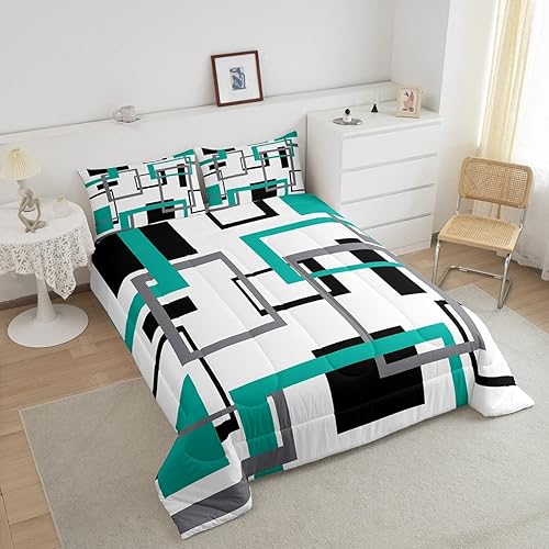 Miniatura 3 de Erosebridal Juego de edredón cuadrado para adolescentes y jóvenes, juego de ropa de cama negro, blanco y azul, juego de edredón geométrico moderno