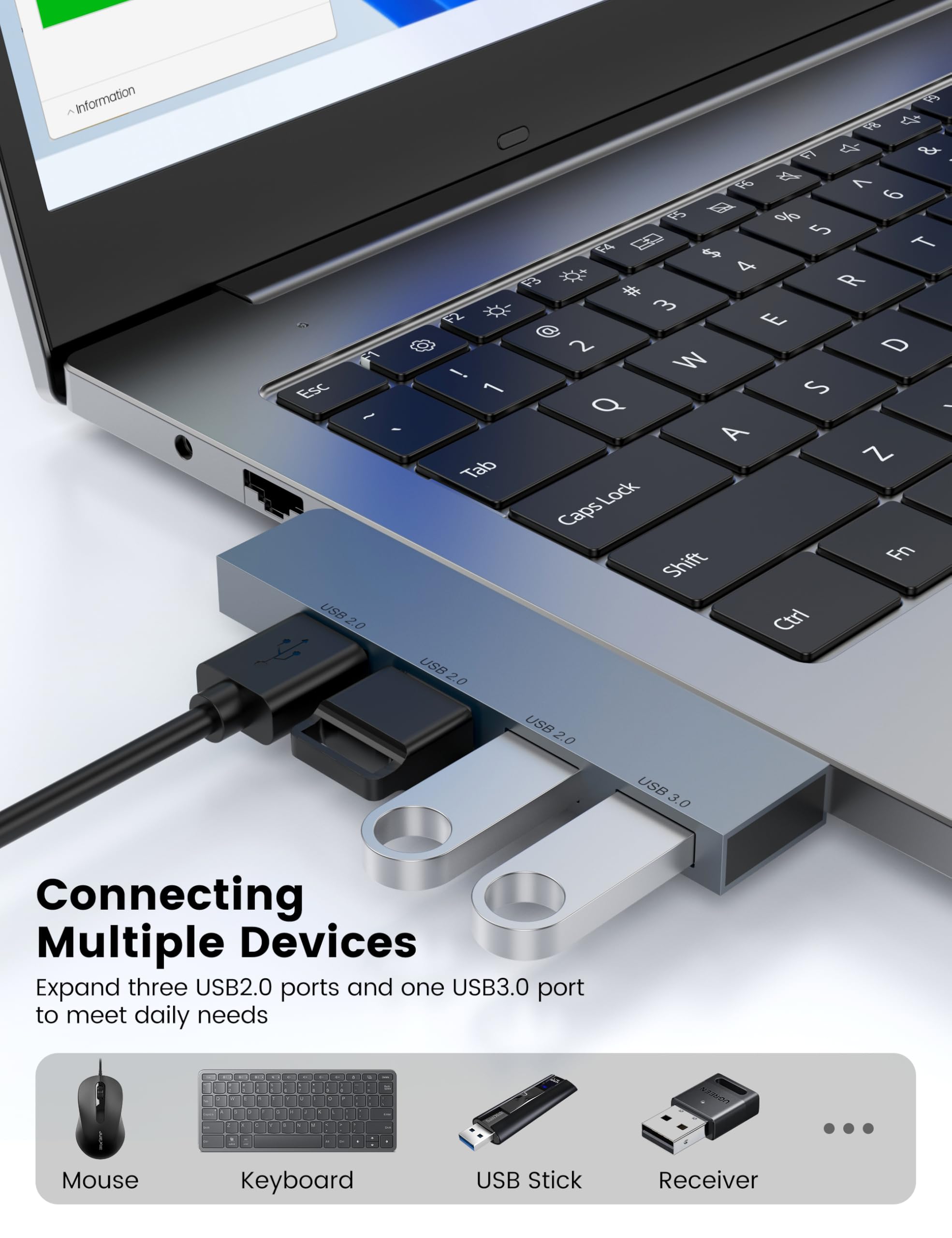 Fidioto Hub USB 2-pak, 4-portowy koncentrator USB (1 x koncentrator 3.0, 3 x koncentrator 2.0), rozdzielacz USB do laptopa, Xbox, pendrive'a, HDD, konsoli, drukarki, aparatu, klawiatury, myszy