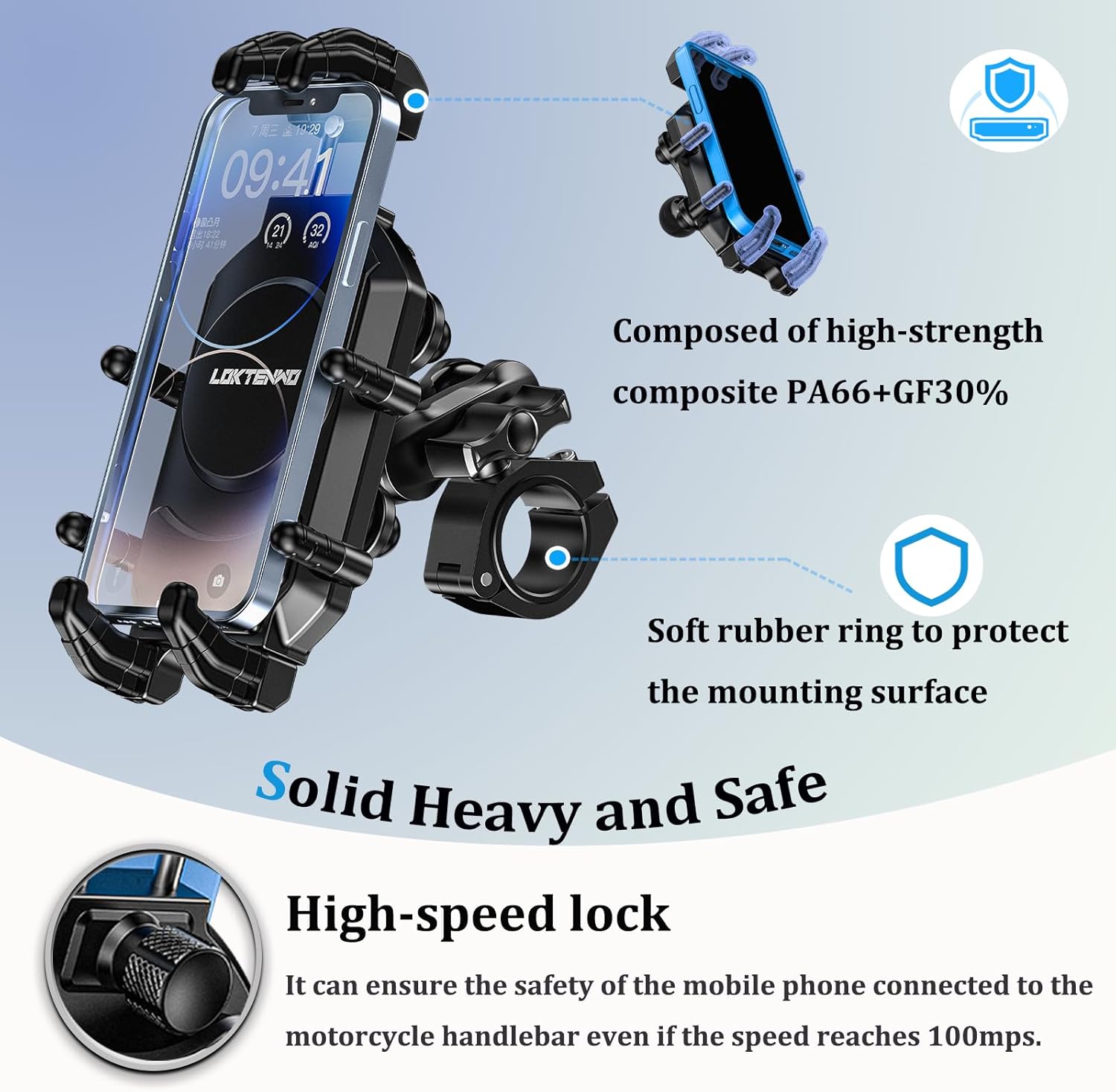 Motorcycle Phone Mount with Vibration Dampener & Secure Lock，[Size Adjustable] Bike Cellphone Holder for ATV Scooter for 5.4-7.2" Smartphones - Image 3