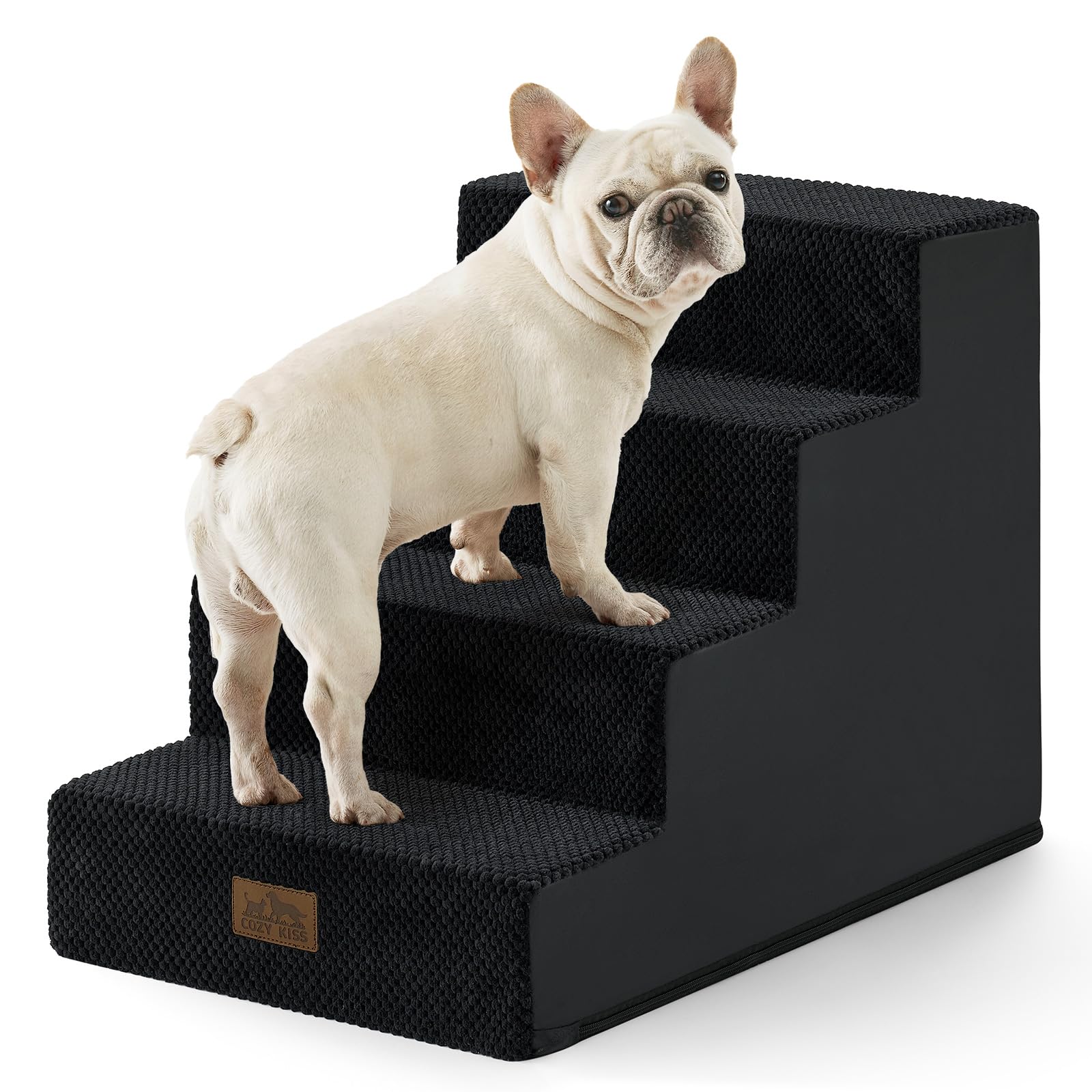 COZY KISS Hundetreppe für Kleine Hunde, 4 Stufen Haustiertreppe für Bett Couch Auto, 45cm Hoch Hochdichtem Schaumstoff Katzentreppe mit Abnehmbarem Bezug (Schwarz, 60x45x45cm, 4)