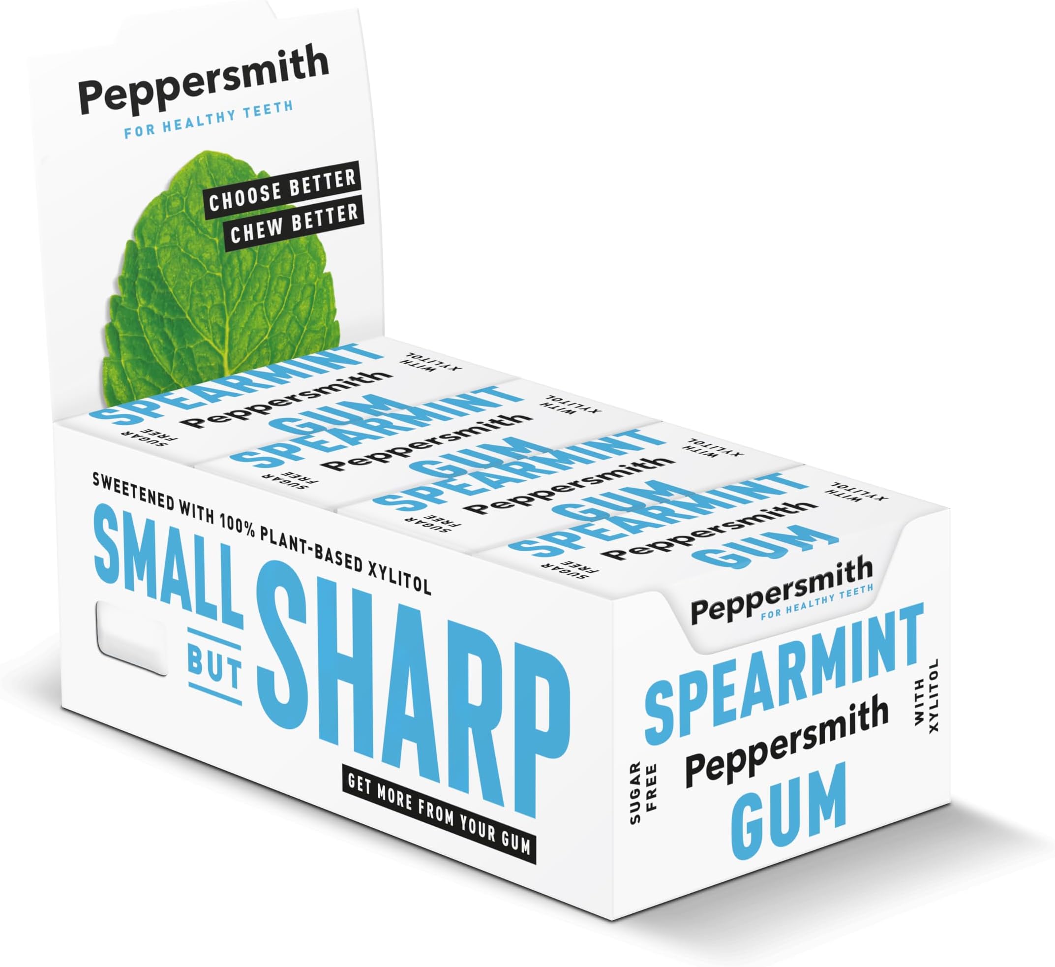 Peppersmith - Spearmint Chewing Gum - Xylitol Gum - Sugar Free Gum - 100% Plant Based Xylitol - Breath Freshener - Benefits Oral Health - Pocket Pack - 12x15g