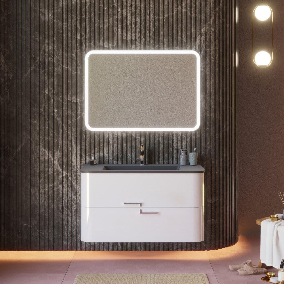 Kiamami Valentina Mobile Bagno Sospeso 100 cm Bianco Lucido Lavabo Nero