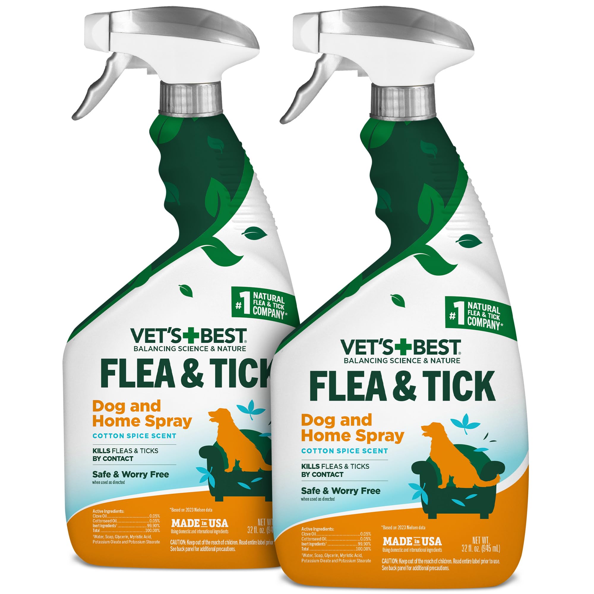 Vet's BestNatural Indoor Flea and Tick Spray – Dog Flea and Tick Treatment for Home, Plant-Based Formula with Natural Oils, Kills Fleas, Eggs & Ticks on Contact, USA Made, Cotton Spice, 32 oz, 2-Pack