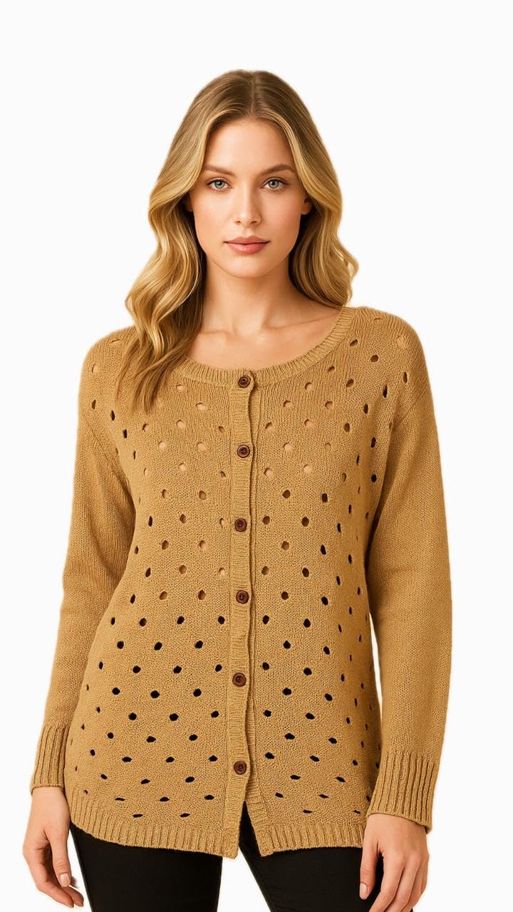 Women's Knit Button-Down Cardigan, Camel Brown, Long Sleeve Sweater with Eyelet Pattern-picture-50