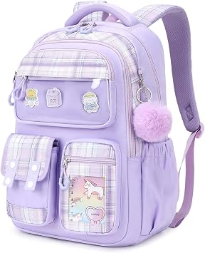 Girls School Backpack, Cute Kawaii Kids Rucksack for Primary School Students, Water Resistant Bookbag with Cartoon Pins & Pom Pom, Travel Bag with Luggage Strap