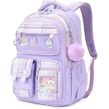 Girls School Backpack, Cute Kawaii Kids Rucksack for Primary School Students, Water Resistant Bookbag with Cartoon Pins & Pom Pom, Travel Bag with Luggage Strap