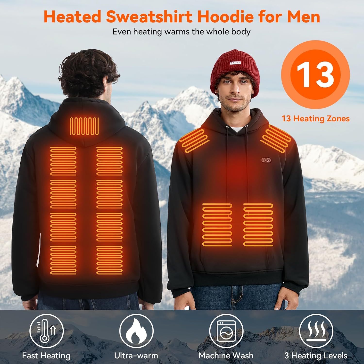 Mens Heated Pullover Hoodie with Battery, 13 Heating Zones, Lightweight Electric Heating Hooded Sweatshirt thumbnail