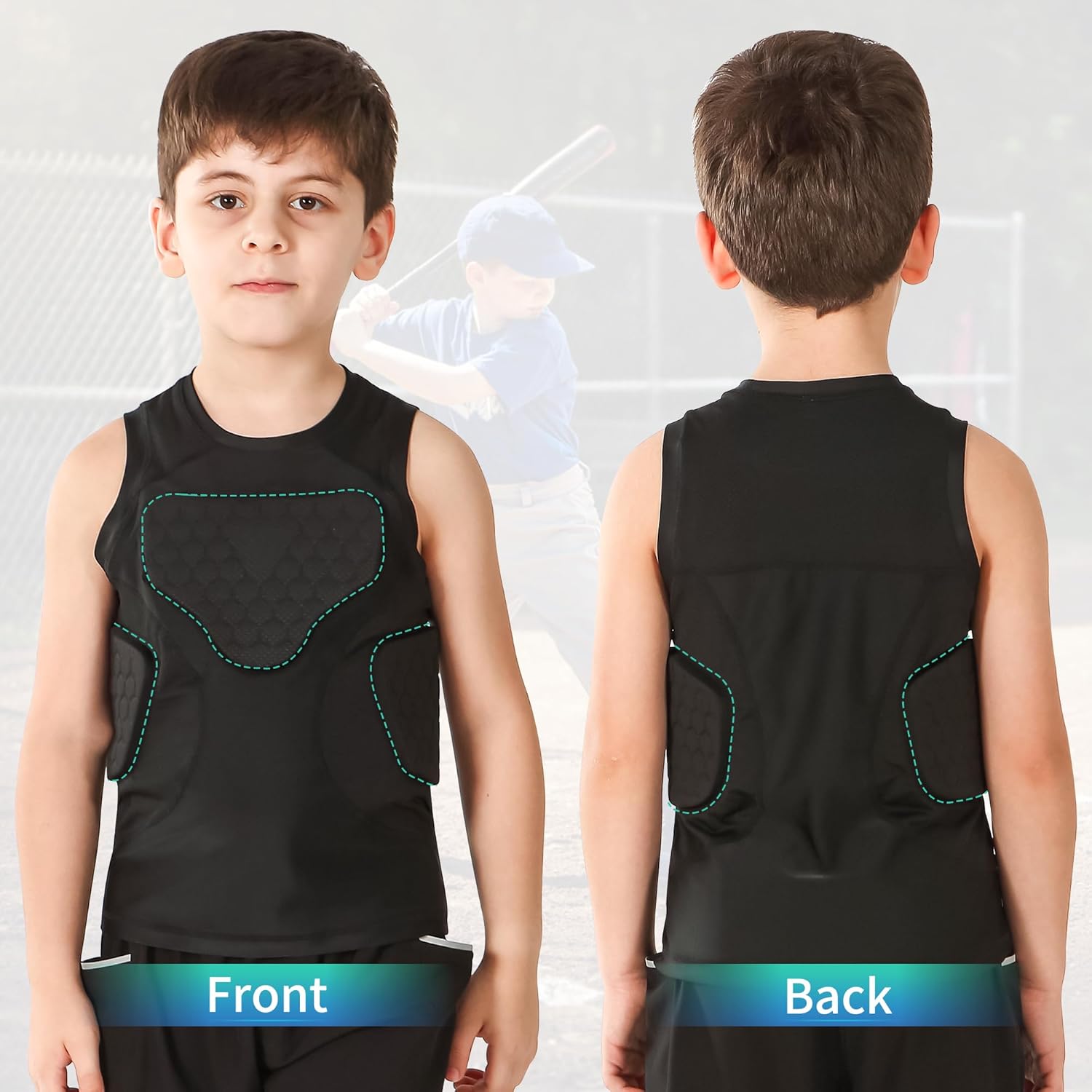Youth Padded Football Shirt, Heart Sternum Rib Chest Protectors, Padded Compression Undershirt for Sports Football Softball Baseball Lacrosse Rugby - Image 2