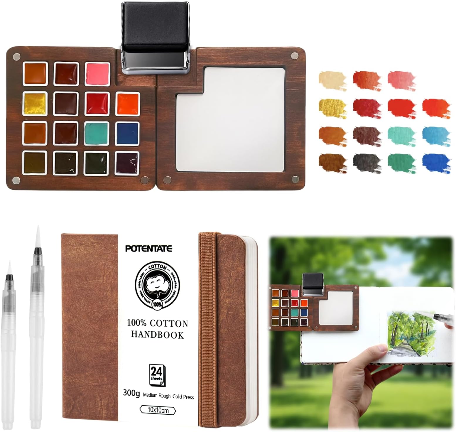 Mini Watercolour Paint Kit - Travel Watercolour Set, 15 Grid Wood Pocket Water Colour Palette Set With Sketchbook, Clip, Pen and 15 Colors, Art Painting Set Gift for Beginners, Artists and Student