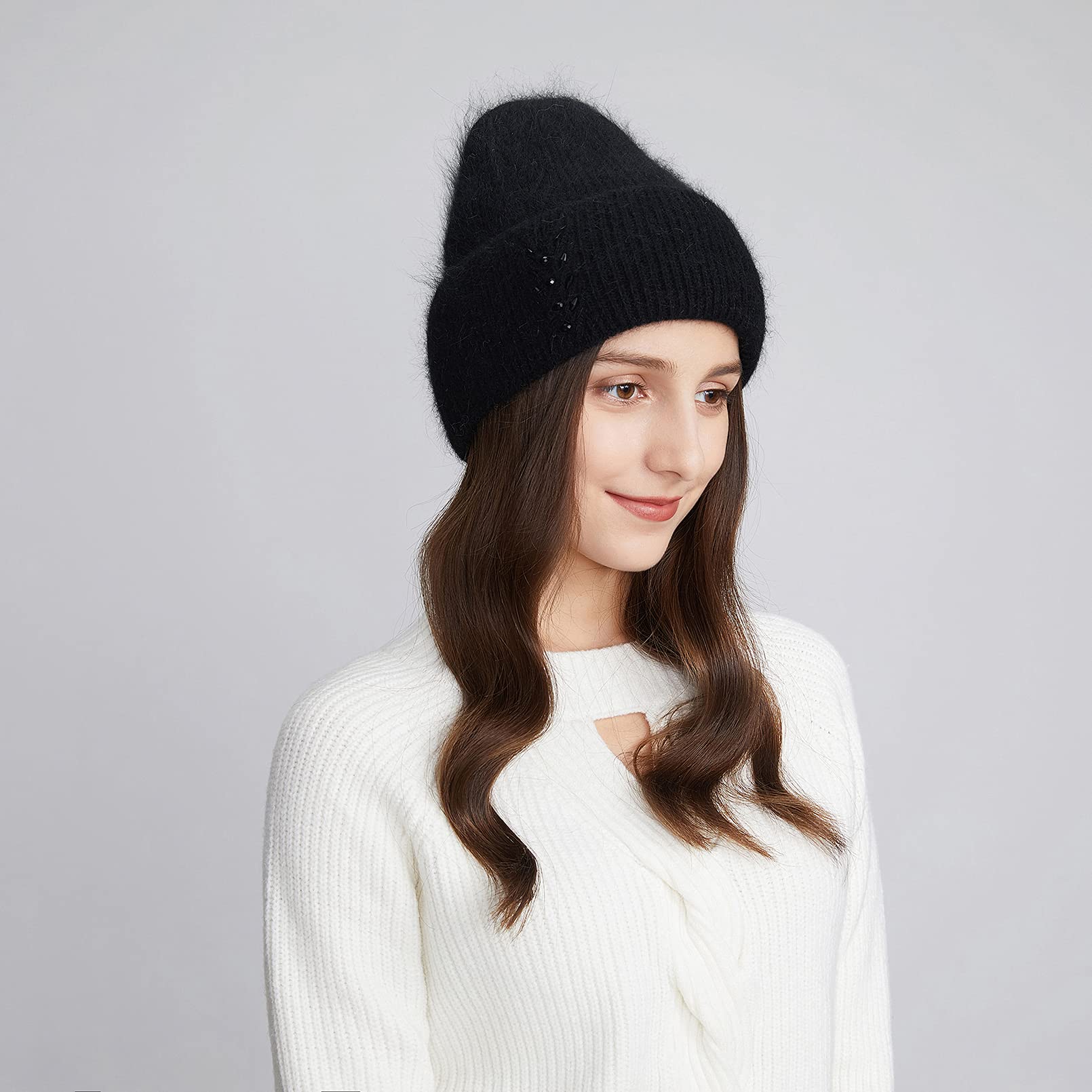 BeFur Bonnet à pompon en cachemire pour femme - Chaud - Côté large avec strass - Pour l'hiver, Noir , Taille unique