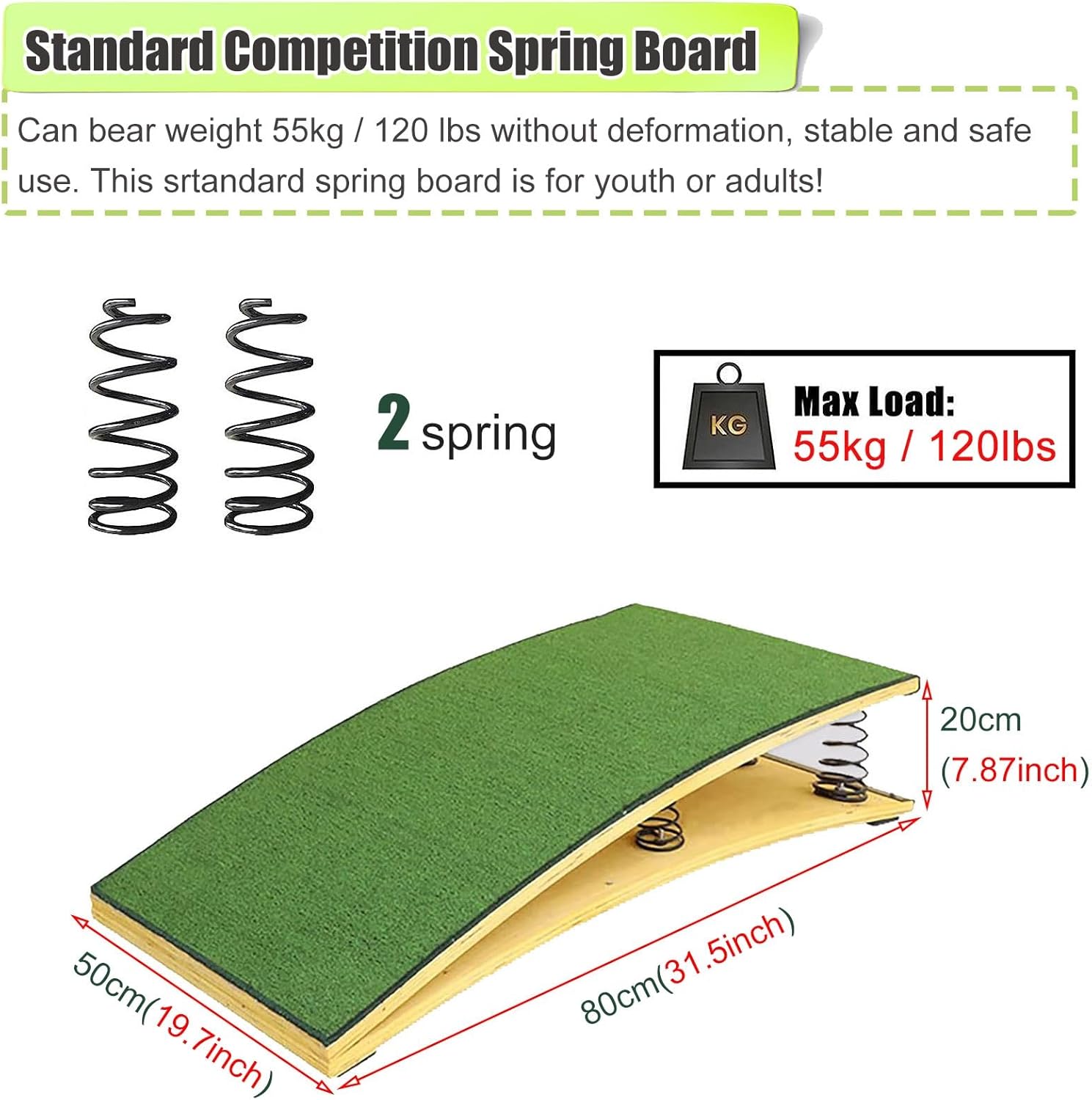 Gymnastics Center Professional Springboard, Indoor Outdoor Athletic Training/Gymnastics Training Vault Sport Equipment, Hardwood Curved Springboard (Green 2 Springs50x80x20cm)
