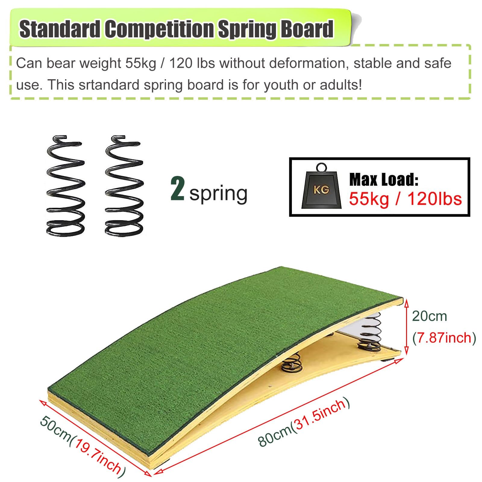 Trampolino Professionale per Centro di Ginnastica, Attrezzatura Sportiva per Allenamento Atletico Indoor e Outdoor/Ginnastica, Trampolino Curvo in Legno Duro,Green 2 Springs50x80x20cm