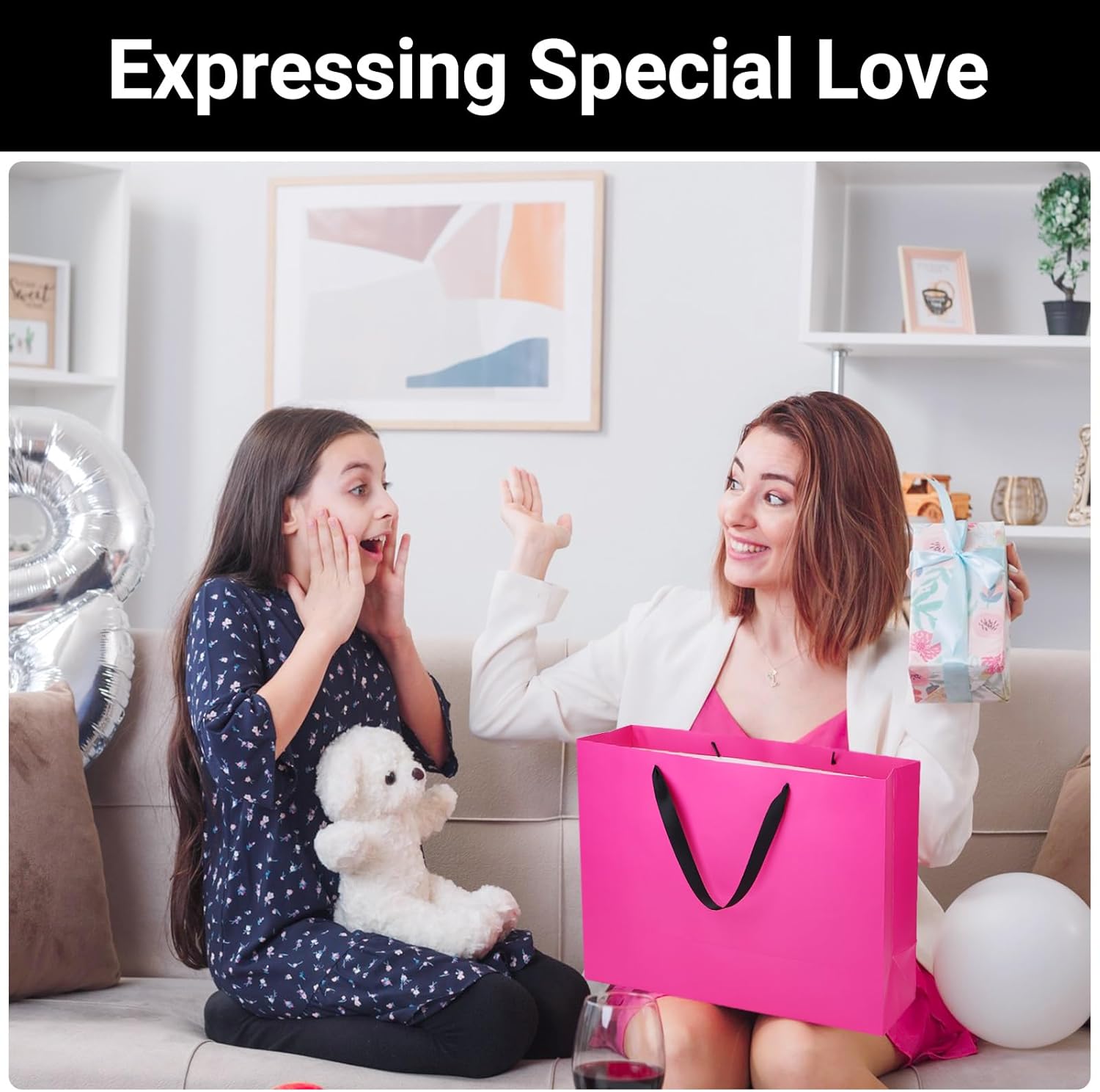 EUSOAR Hot Pink Large Gift Bags, 50pcs 16"x6"x12" Paper Gift Bags with Ribbon Handle, Gift Wrap Treat Thank You Shopping Bags Bulk for Wedding Party Favors Grocery Baby Shower Bridesmaid Birthday