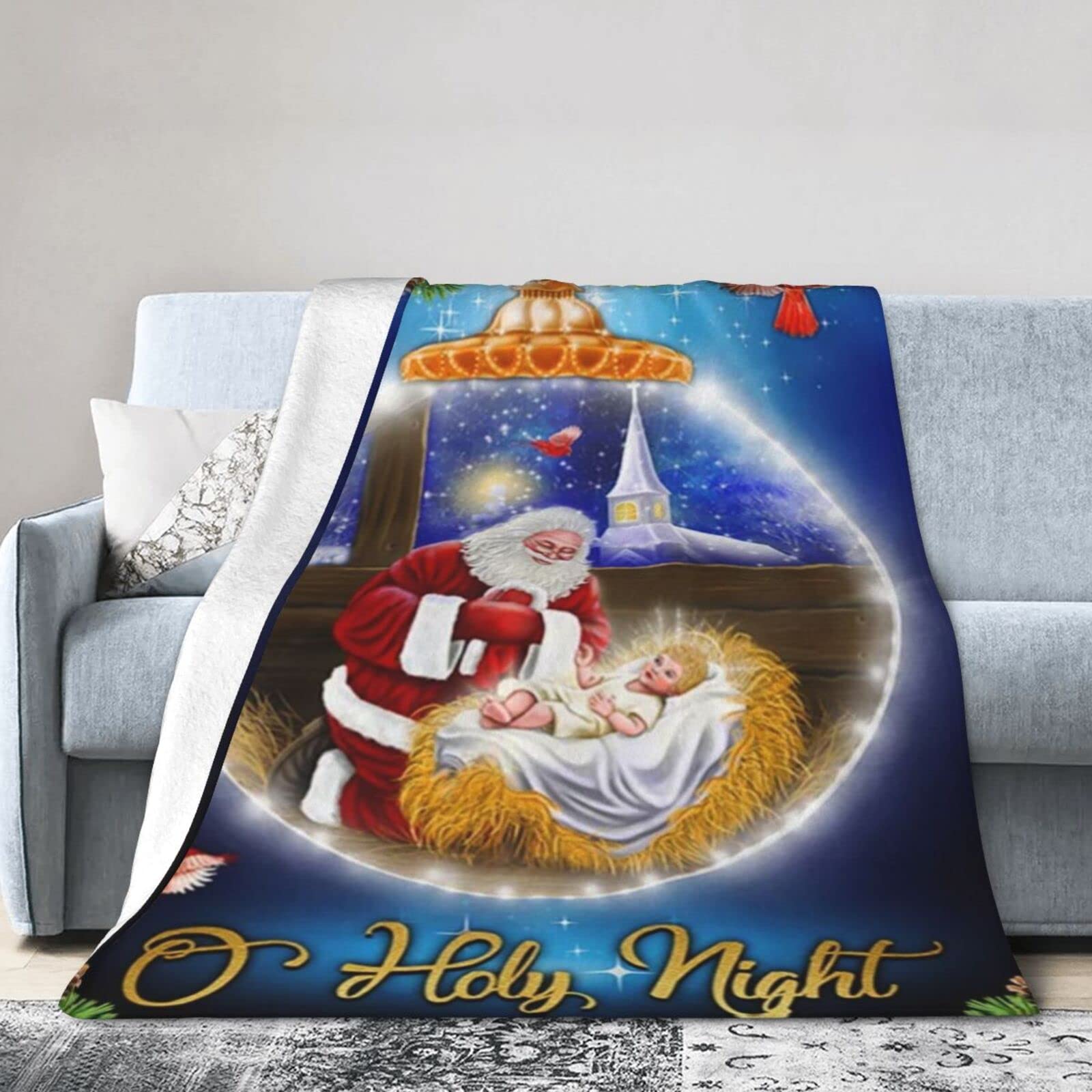 Lsjuee Christmas Flannel Fleece Blanket 50"X40" O Holy Night Santa Claus Sofa Throw Blanket Quality Ultra-Soft Travel Winter Blankets for Kids Keep Warm