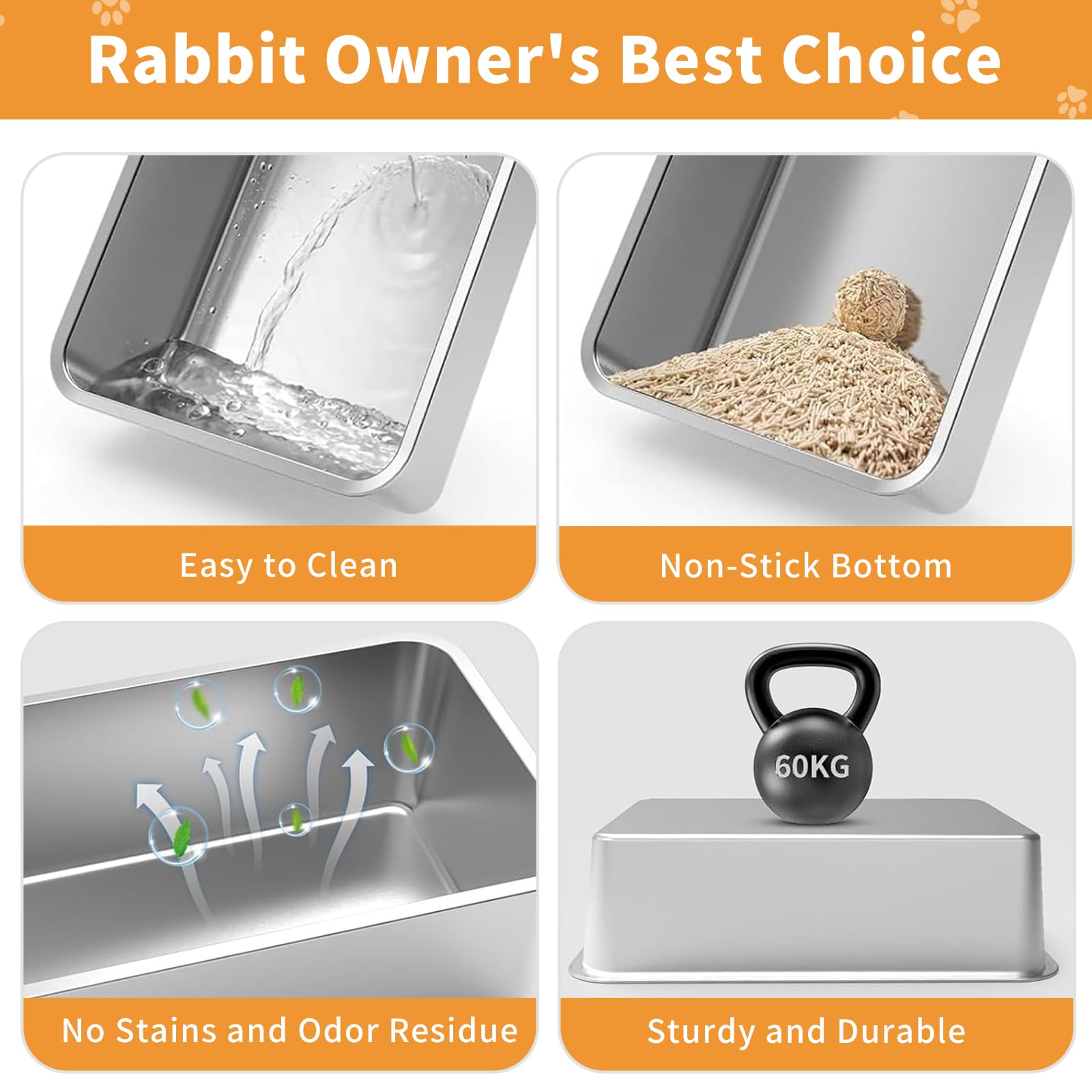 Zuqqony XL Rabbit Litter Box, 23.6" L x 15.7" W x 12.4" H Stainless Steel Rabbit Litter Box with Lid, Hay Feeder with Hooks, Footed Metal Grid, Easy to Clean for Medium and Large Rabbits - image 2