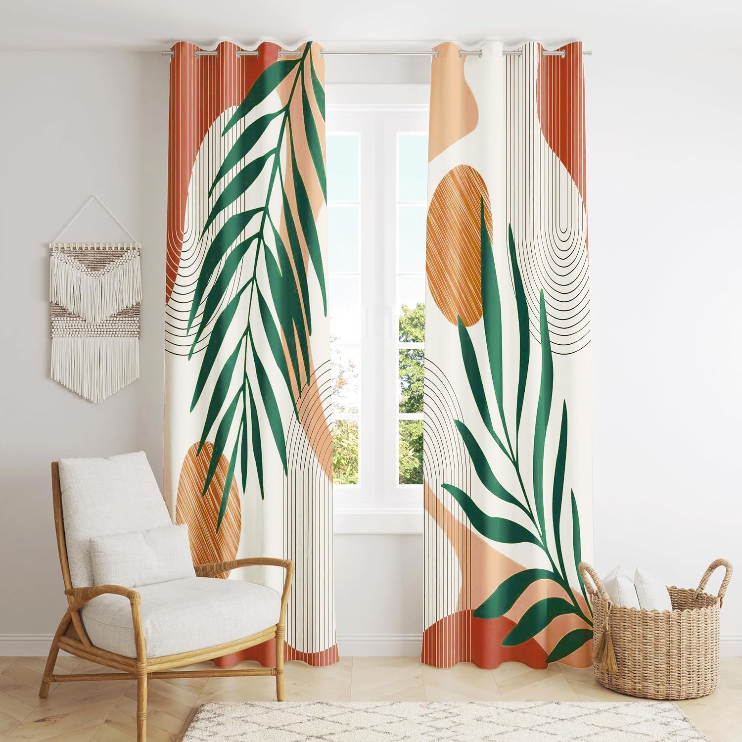 Mid Century Modern Curtains Set Thick Cotton Boho Curtain Blackout for Bedroom Bohemian Style Decor Window Leaf Print Classical Drapes for Living Dining Room, 2 Panels, W52ร84L