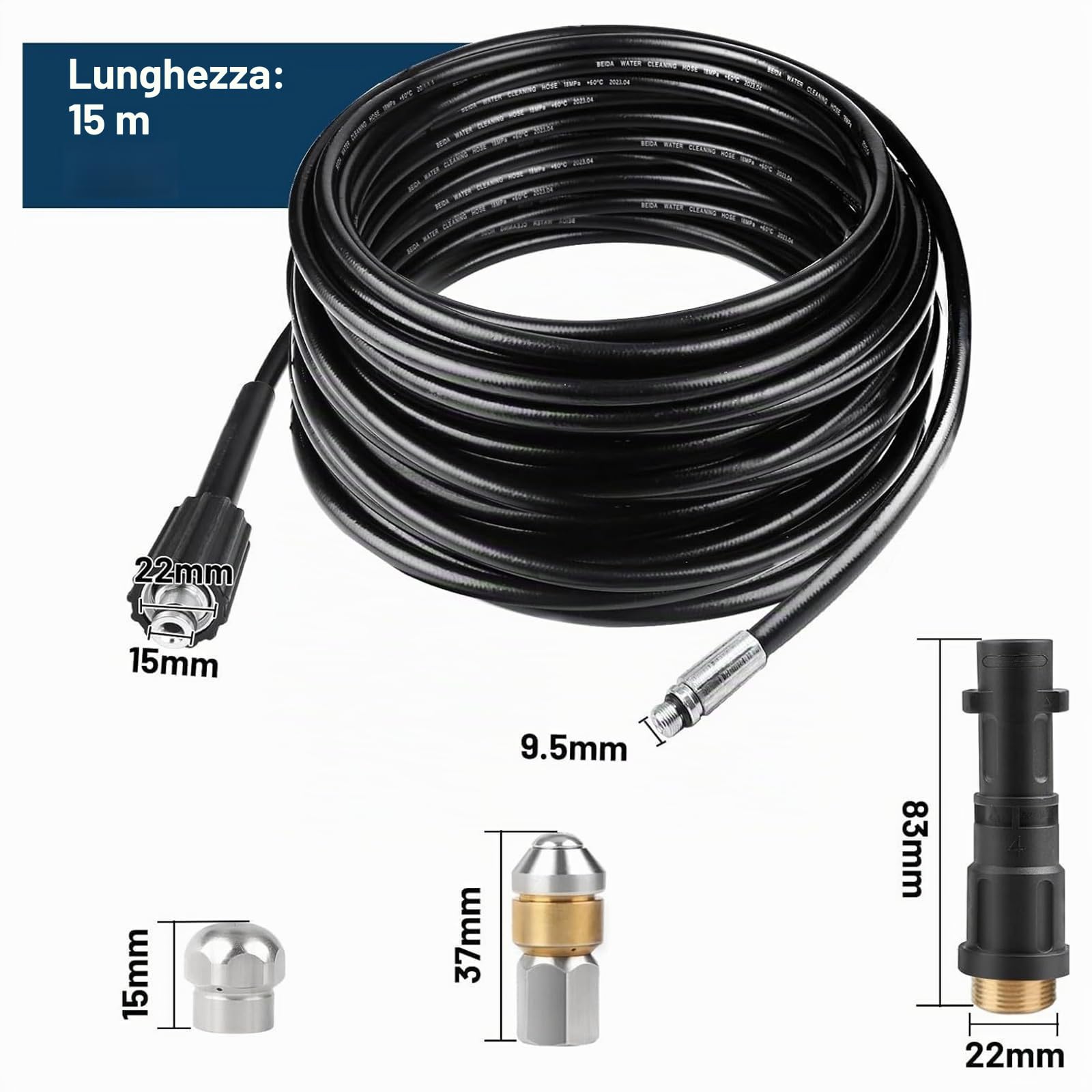 Tubo di sbocco 15 m per tubo con 3 adattatori e 2 ugelli | Tubo flessibile ad alta pressione per Karcher e Lavor, pulitore antitappo, adatto per canalizzazioni, condotti e scarichi