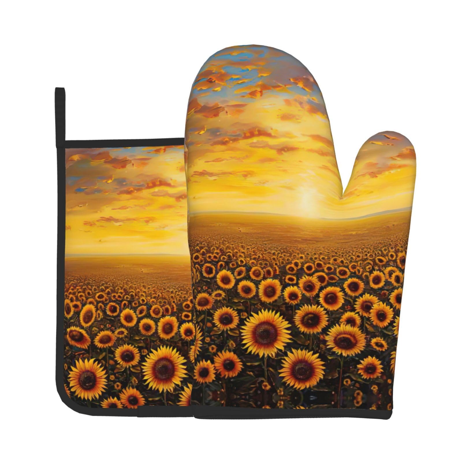 Sunflower Field Sunset Sea of Flowers Kitchen Baking Two-Piece Set,Multipurpose Oven Gloves,Used for Barbecue Kitchen Baking