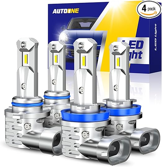 AUTOONE H11 9005 H9 H8 HB3 Light Combo, White 6000K Fanless 600% Brighter Fog Light or Off-Road Bulbs, Plug and Play, Pack of 4