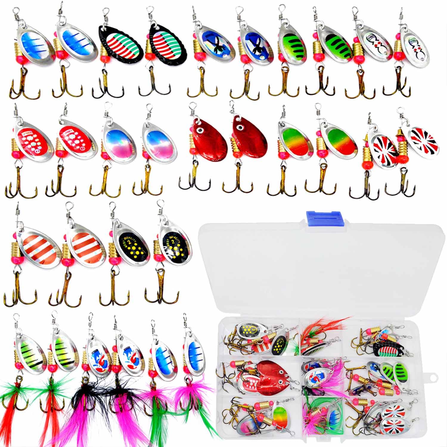 Duscdesp 31-Piece Fishing Lure Set, Spinner Blinker Wobbler Spoon Fishing Hooks with Treble Hooks Fishing Accessories Fishing Set, Sequins Artificial Bait Fishing Bait with Box for Trout, Bass, Pike