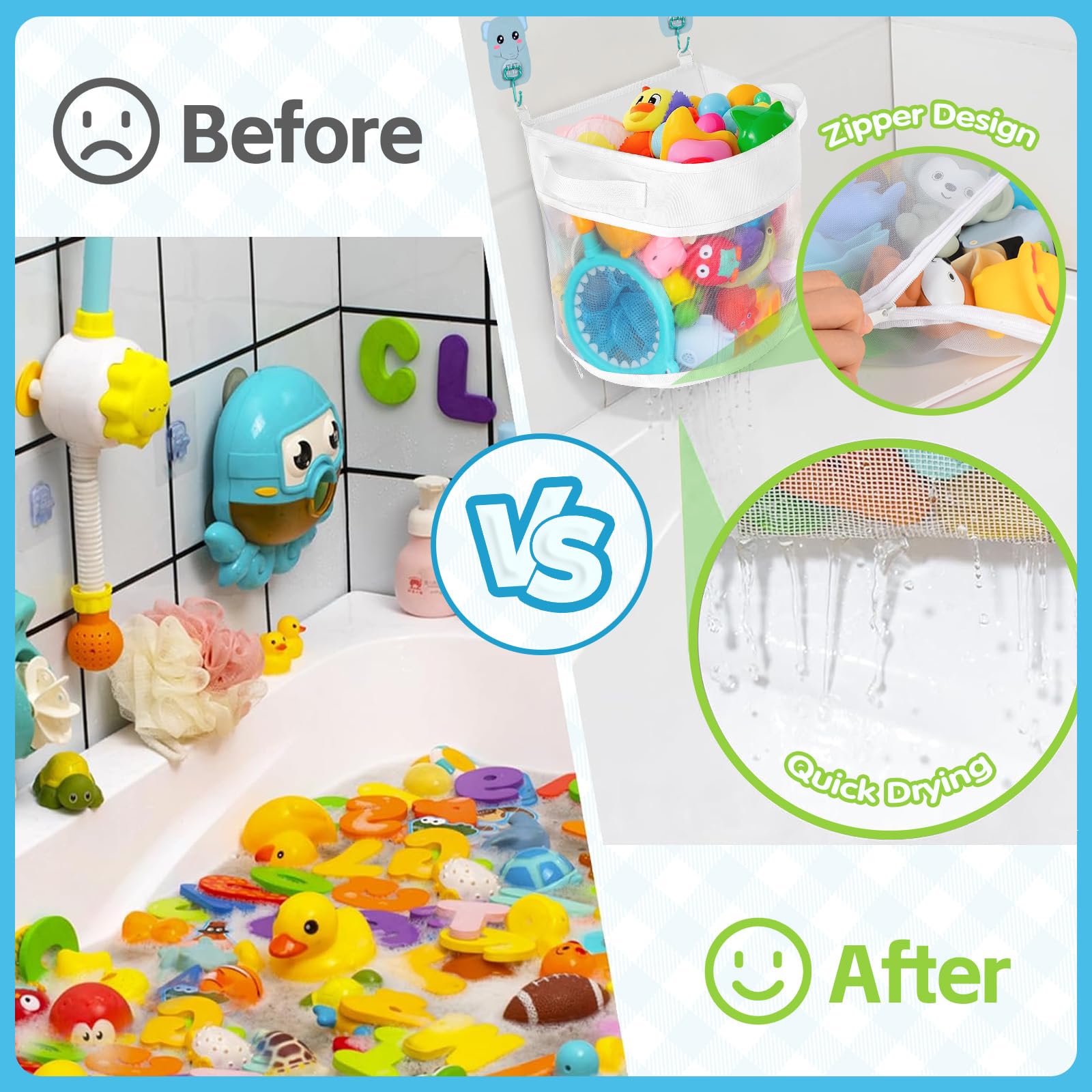 Organizador de Juguetes Bebés, ExtraGrande Bolsa Juguetes Bañera, Almacenamiento Baño Red de Almacenamiento Bañera para Niños Bebés con 2 Ganchos Autoadhesivos y Esponjas de Baño