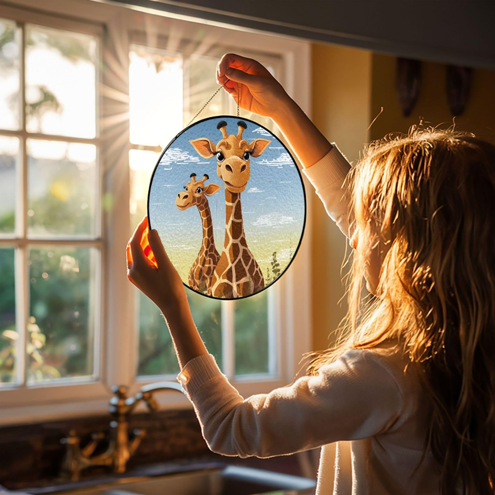 4in Stained Glass Window Hanging,Window Suncatcher Glass Panel with Metal Chain Giraffe Sun Catchers Wall Art Home Decor Gift for Women Mother's Day