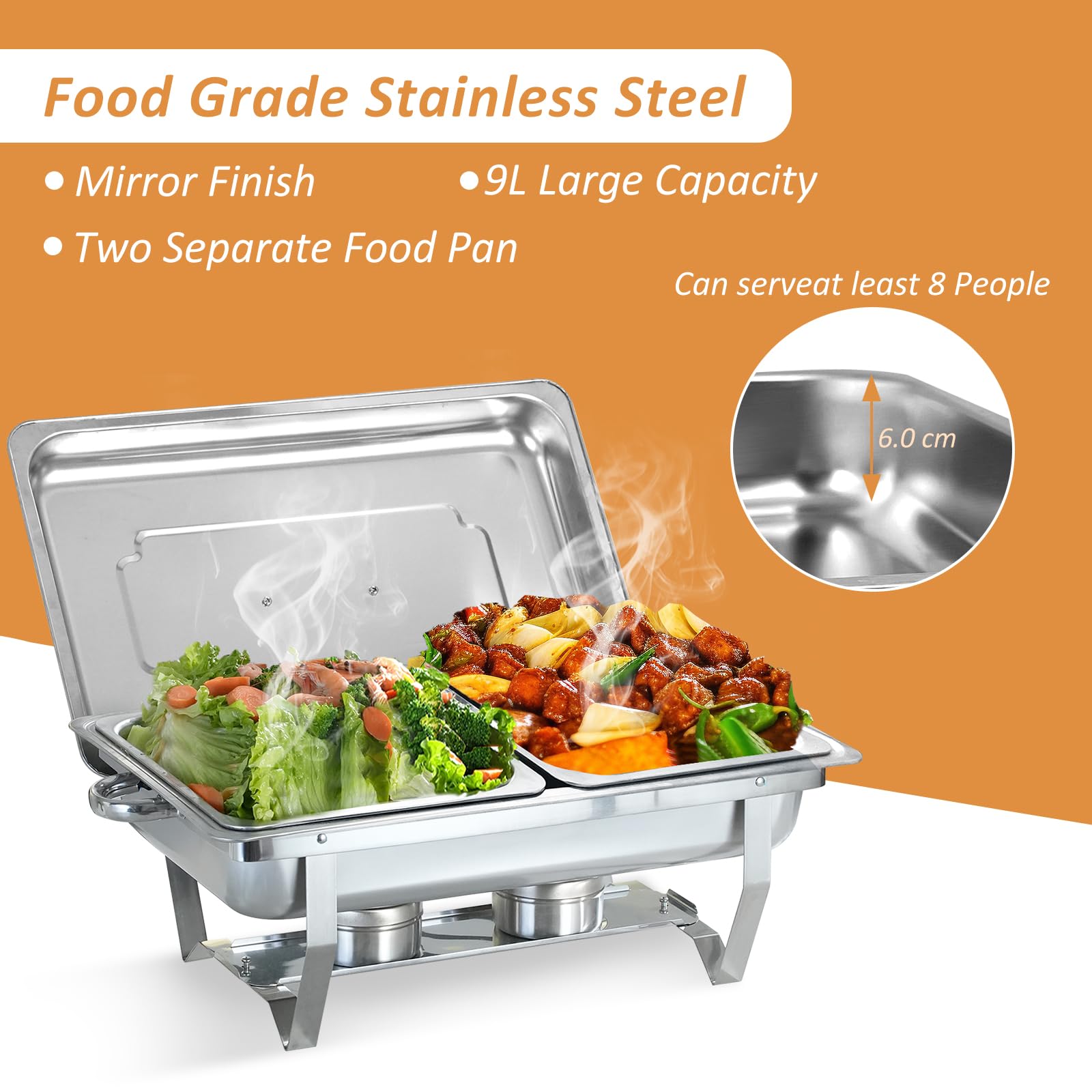 9L Acciaio Inox Rettangolari Catering Server, 2 Pezzi Set Buffet Scaldavivande, Buffet Server Piatti di Servizio, Chafing Dish Catering Buffet Set, per Party, Feste, Matrimoni, Banchetti, Argento
