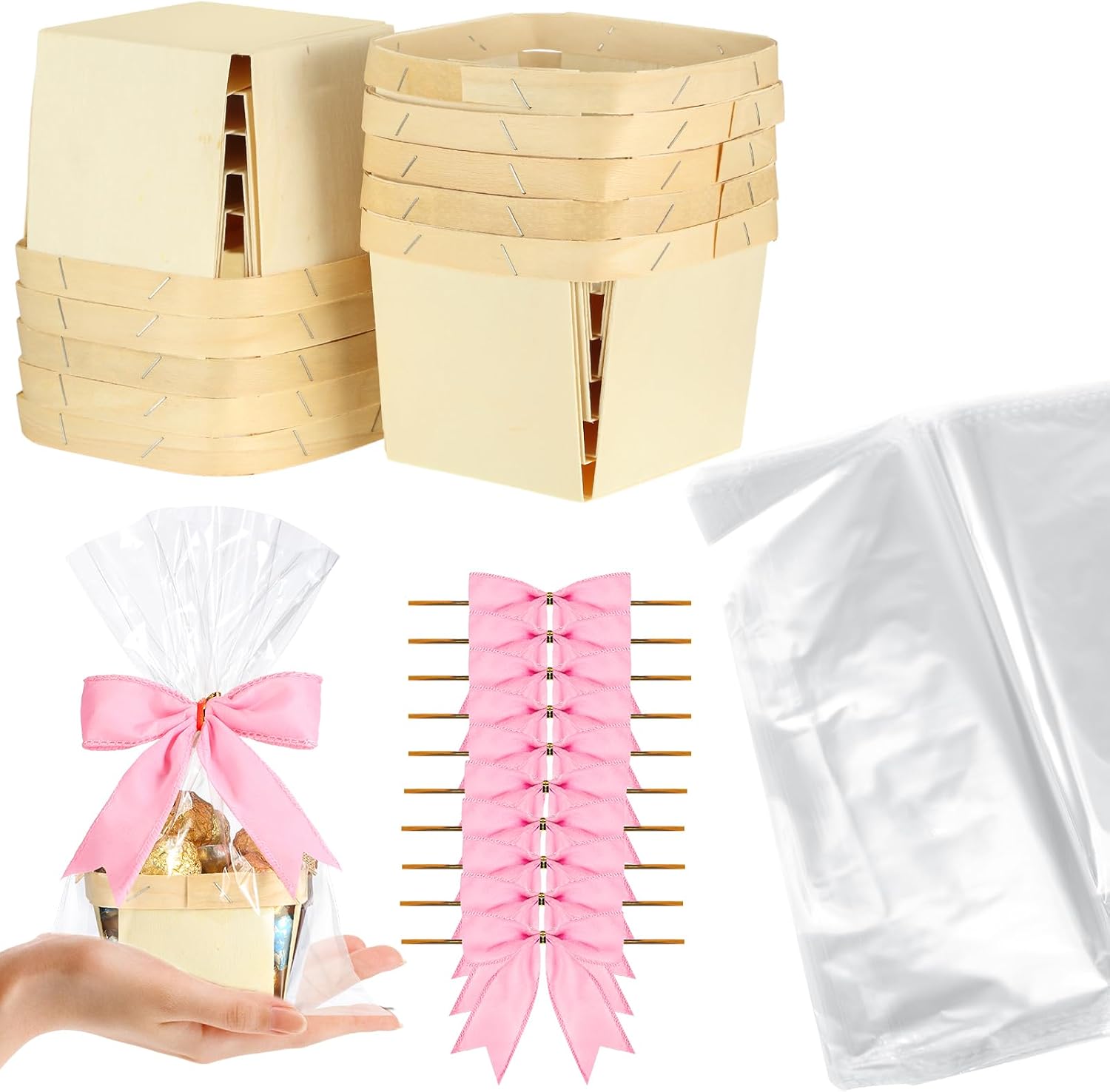 Yerliker 10 Set Wooden Mini Baskets for Gifts Bulk Empty Small Baskets Berry Basket Bows Clear Treat Bags for DIY Picking Wedding Birthday Baby Shower(4 Inches,Velvet,Pink)
