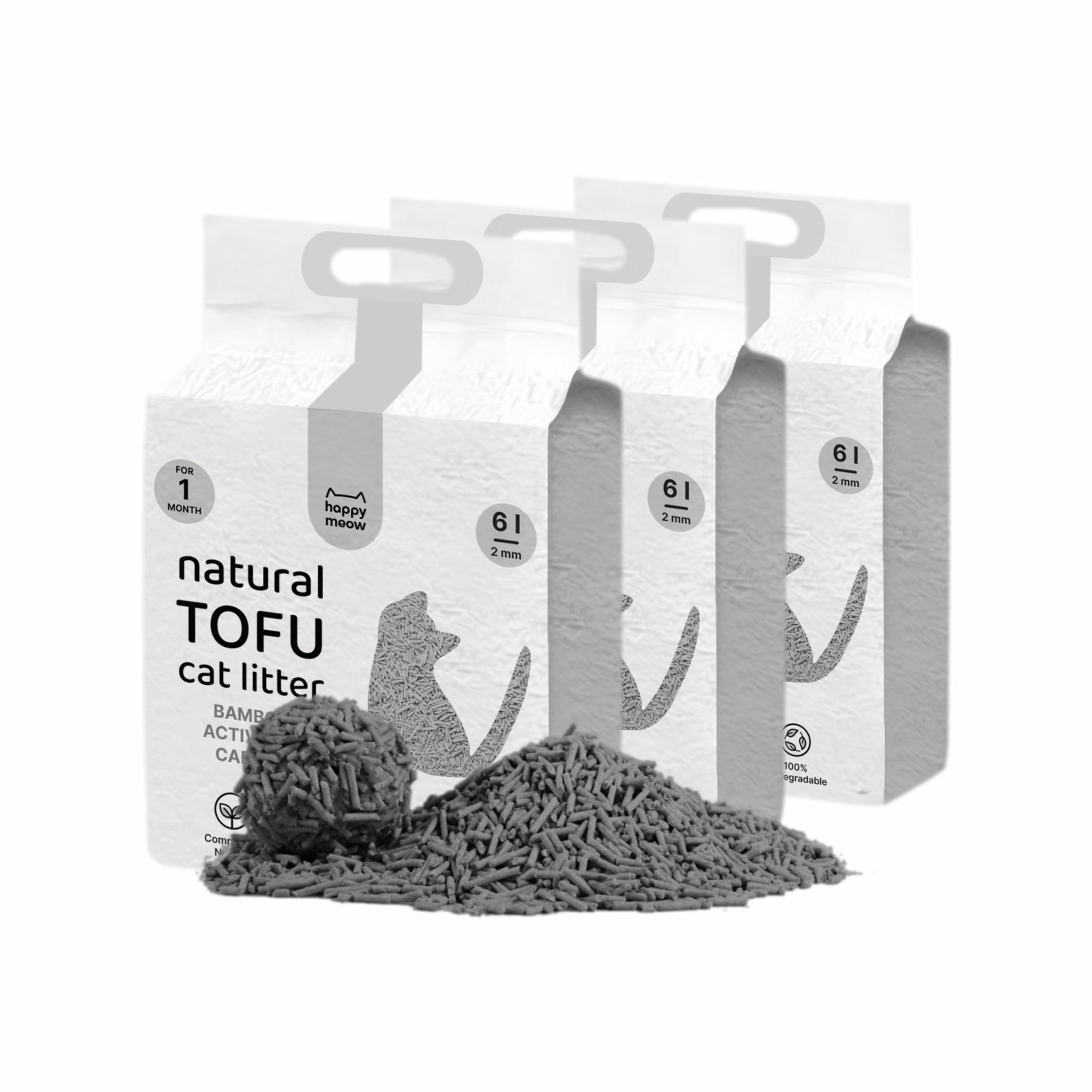 HAPPY MEOW Arena Aglomerante para Gatos Tofu 7.5 KG/18l Arena Tofu 100% Natural e Biodegradable Fórmula Libre de Polvo (Carbón Activado)