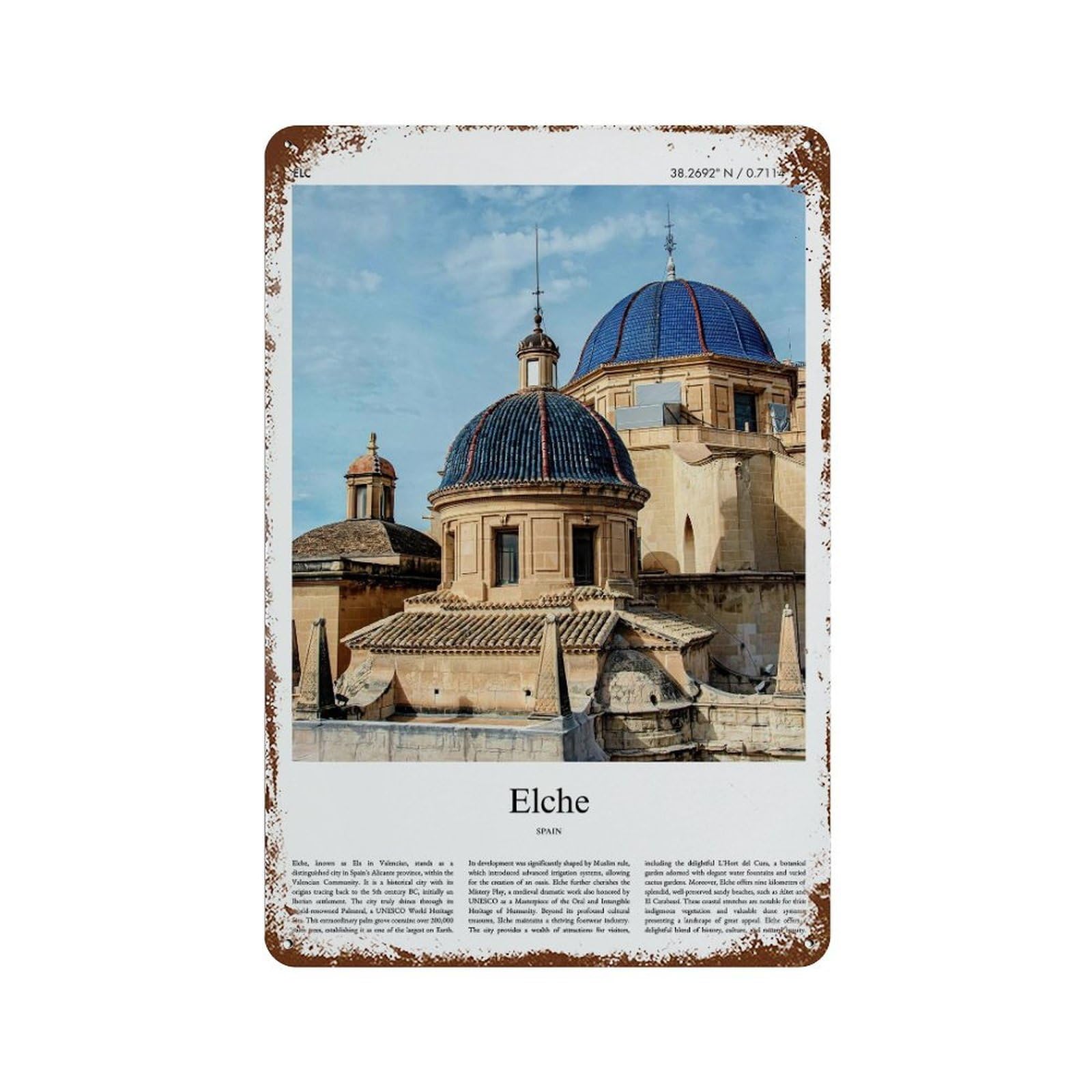 xiaoxiaoshen Elche Spain City Scenery Wall Decor Art Metal Tin Poster Modern Home Decor Art Home Bar Shop Decorations Vintage Sign 30x20cm