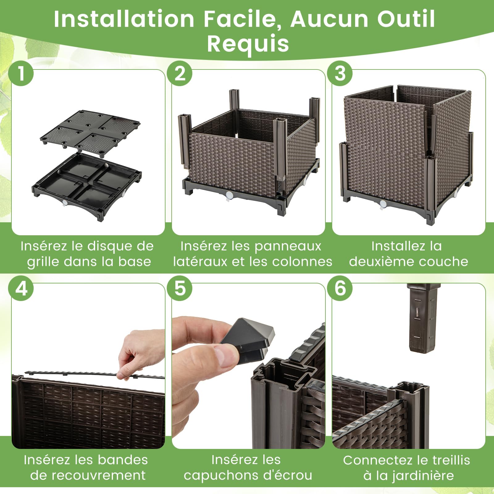 COSTWAY Jardinière avec Treillis sur Pied, Bac de Plantation Auto-arrosage en Rotin PP avec Trou de Drainage, Lit de Jardin pour Plantes Grimpantes, Légumes, Fleurs, Café, 40 x 40 x 140 cm
