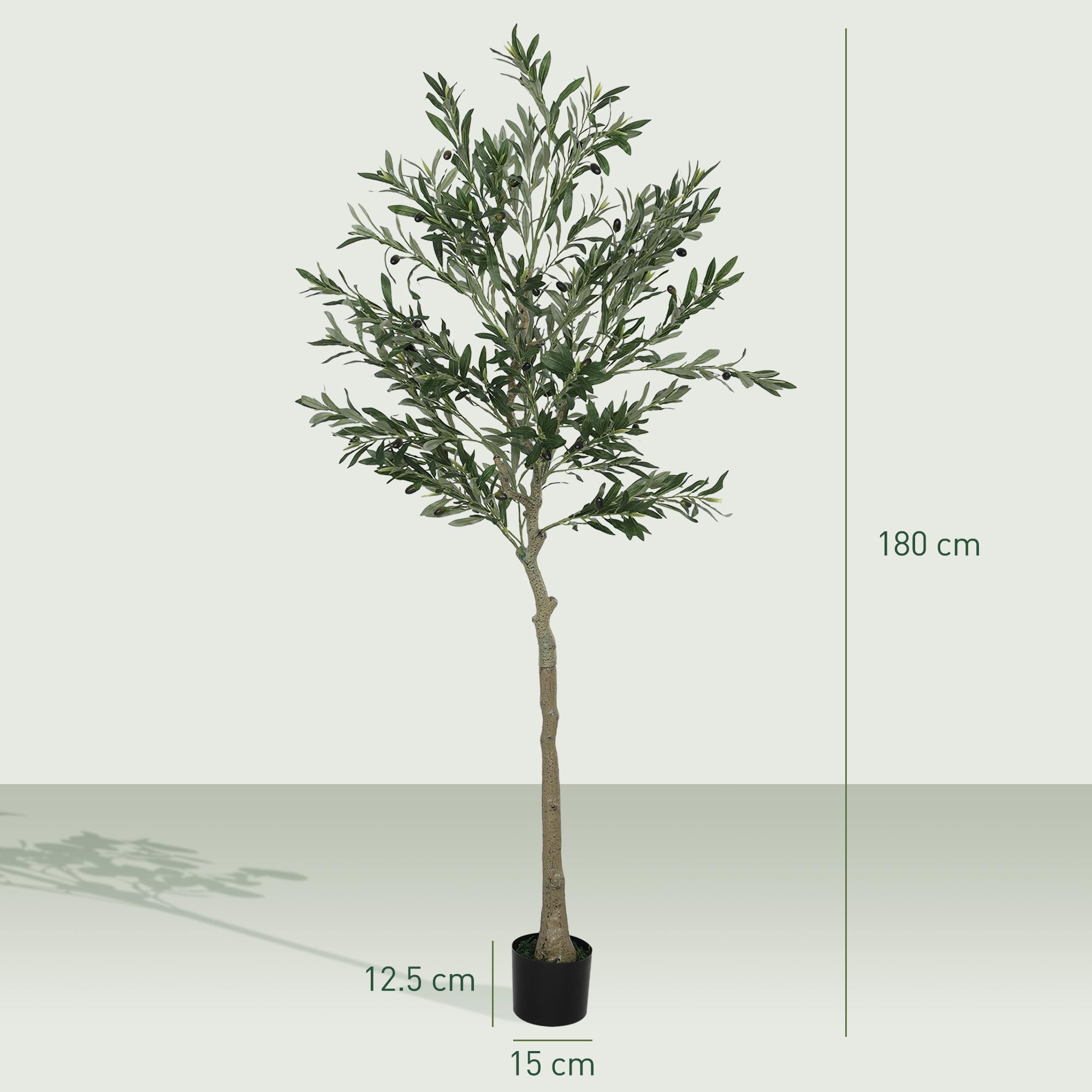 HOMCOM Pianta Artificiale di Olivo Alta 180 cm, Albero Finto da Interno | 900 Foglie, 40 Olive, Vaso Incluso, Alberello Decorativo, Salotto Ufficio Ingresso