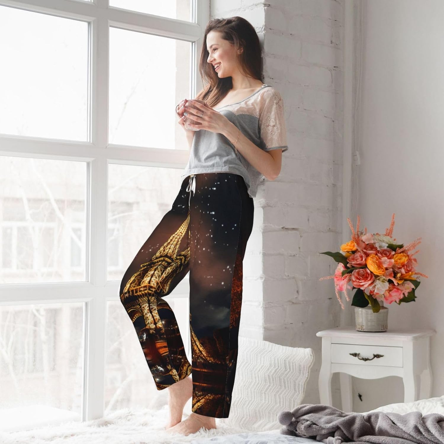 Eiffel Tower Print Cozy Women'S Flannel Pajama Pants,Perfect For Christmas And Everyday Comfort