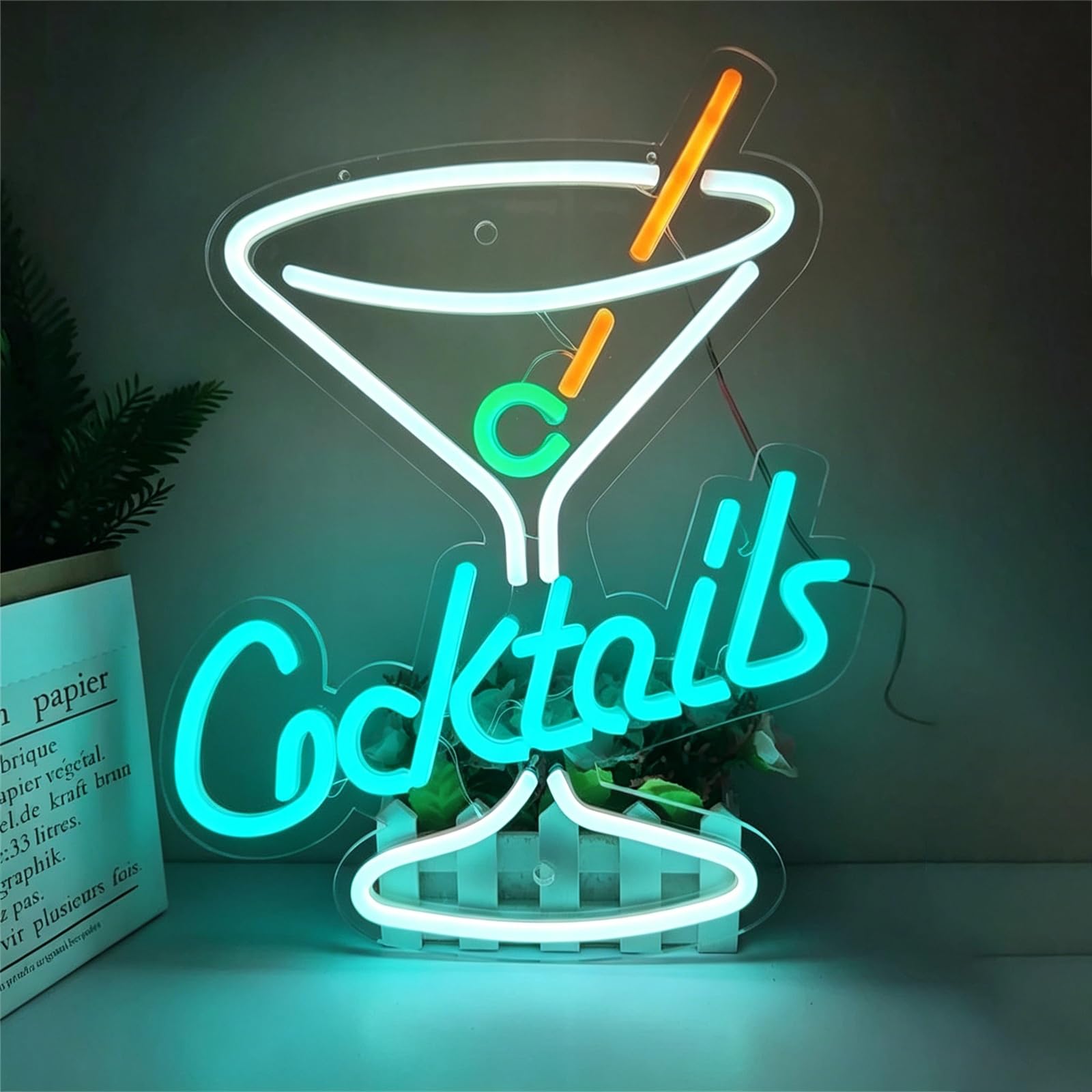KEYQEEN Cocktails Neon Sign for Wall Decor, Bar Club Shop Signs Dimmable USB LED Man Cave Party Neon Lights,Ice Blue,45x34cm