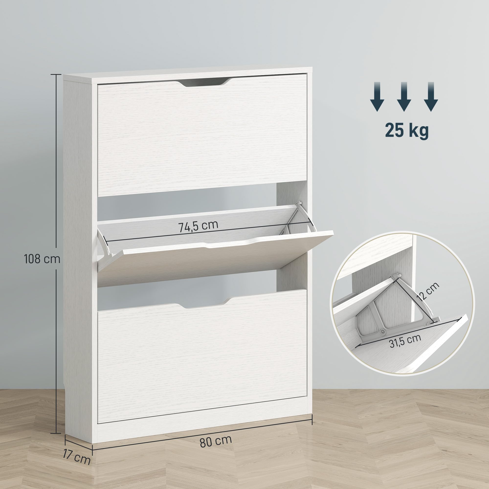 HOMCOM Schuhschrank mit 3 Klappen Schmal für 9-12 Paare 80x17x108 cm Weiß | Schuhregal, Schuhkipper, Schuhkommode