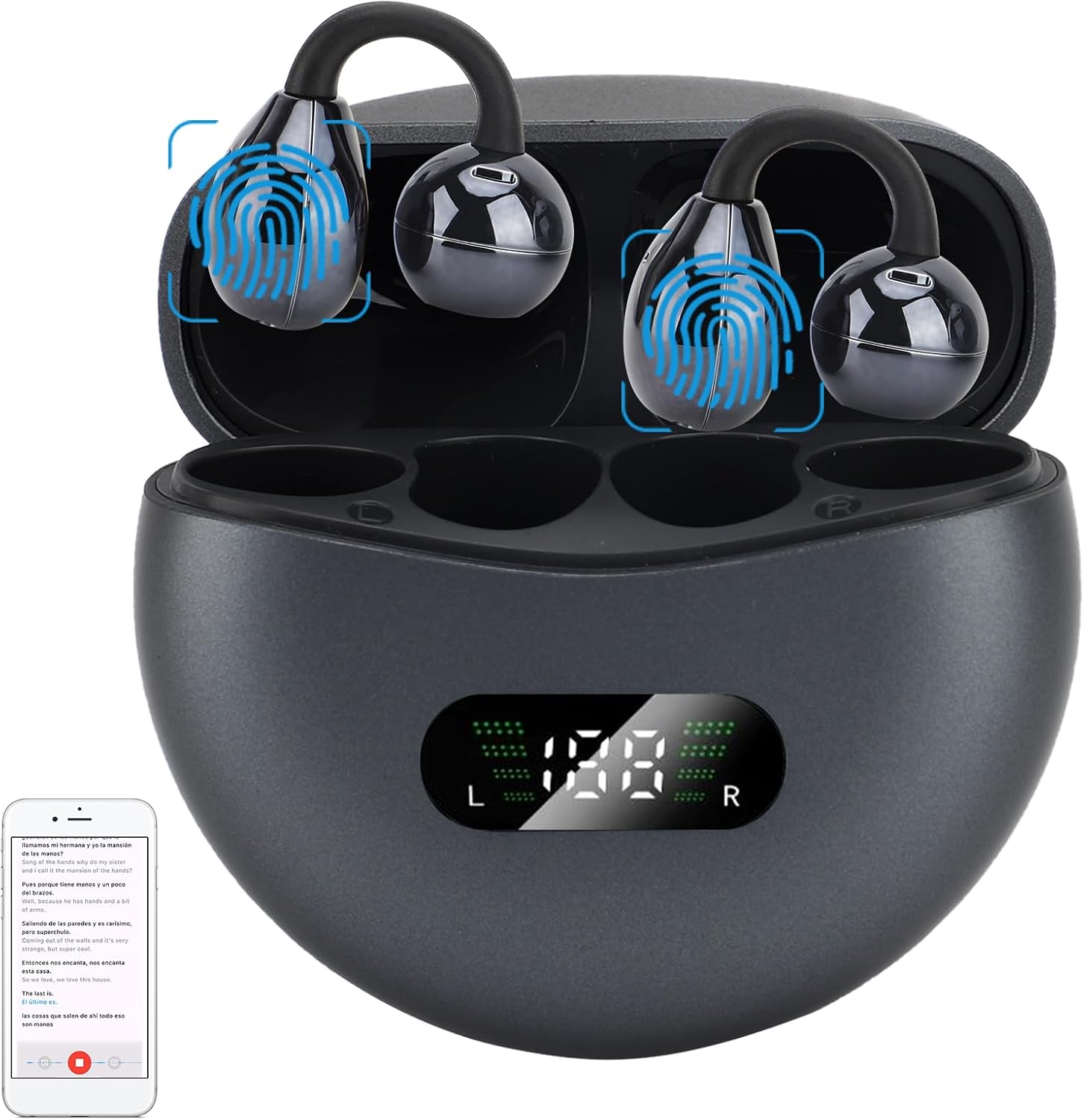 Diydeg AI Translation Earbuds Real Time, 144 Online Language Translator Earbuds, 3 in 1 Wireless Bluetooth Headphones Noise Canceling, Lightweight Earclip Headphones for Running, Black