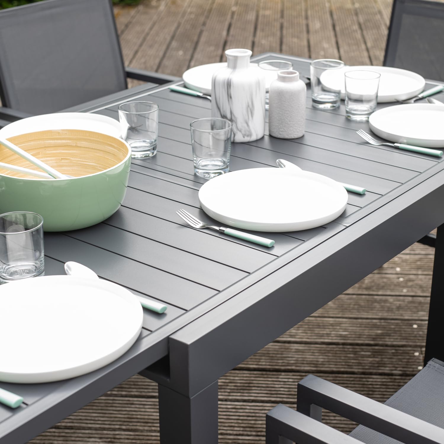 Salon de Jardin Venezia Extensible 90/180 en textilène Gris 8 Places - Aluminium Anthracite
