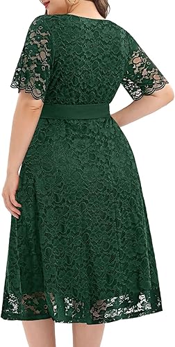 Miniatura 3 de Vestido midi de manga corta con encaje para mujer, talla grande, para despedida de soltera, invitada de boda, cóctel, semiformal, cuello en V