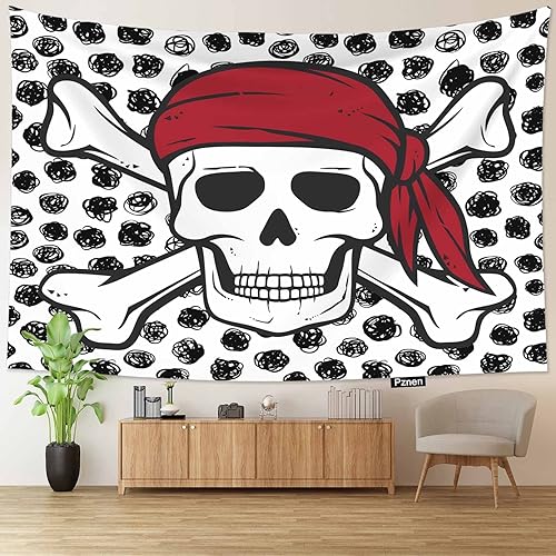 Pznen Tapices de calavera pirata, tamaño grande, 80 x 60 pulgadas, bufanda roja con huesos grunge, tapiz de puntos negros grandes para dormitorio,