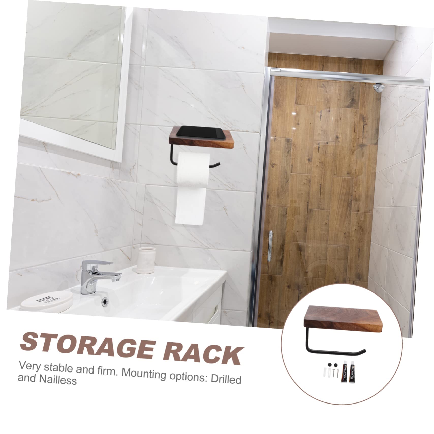 Portarrollos Diseño Práctico y Duradero de Papel Higiénico de Madera y Aluminio Negro, Estante de Pared Instalación sin Taladro Tornillos para Baño y Cocina