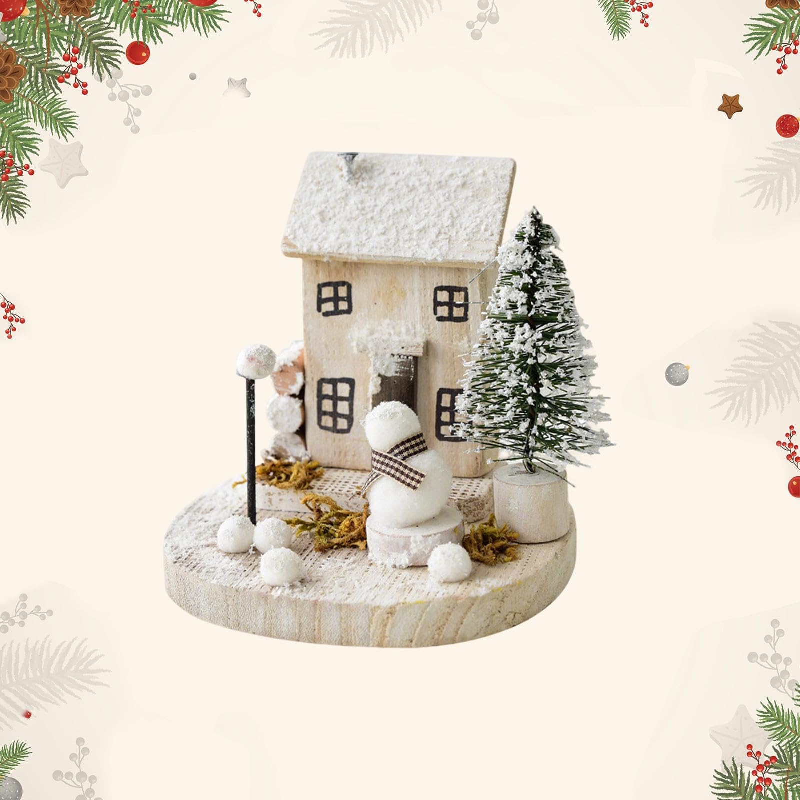 Casa Navidad Adorno Navideña Madera Miniatura Escenografía con Nieve Decoración de Mesa Adecuada para Hogares Fiestas, Style F